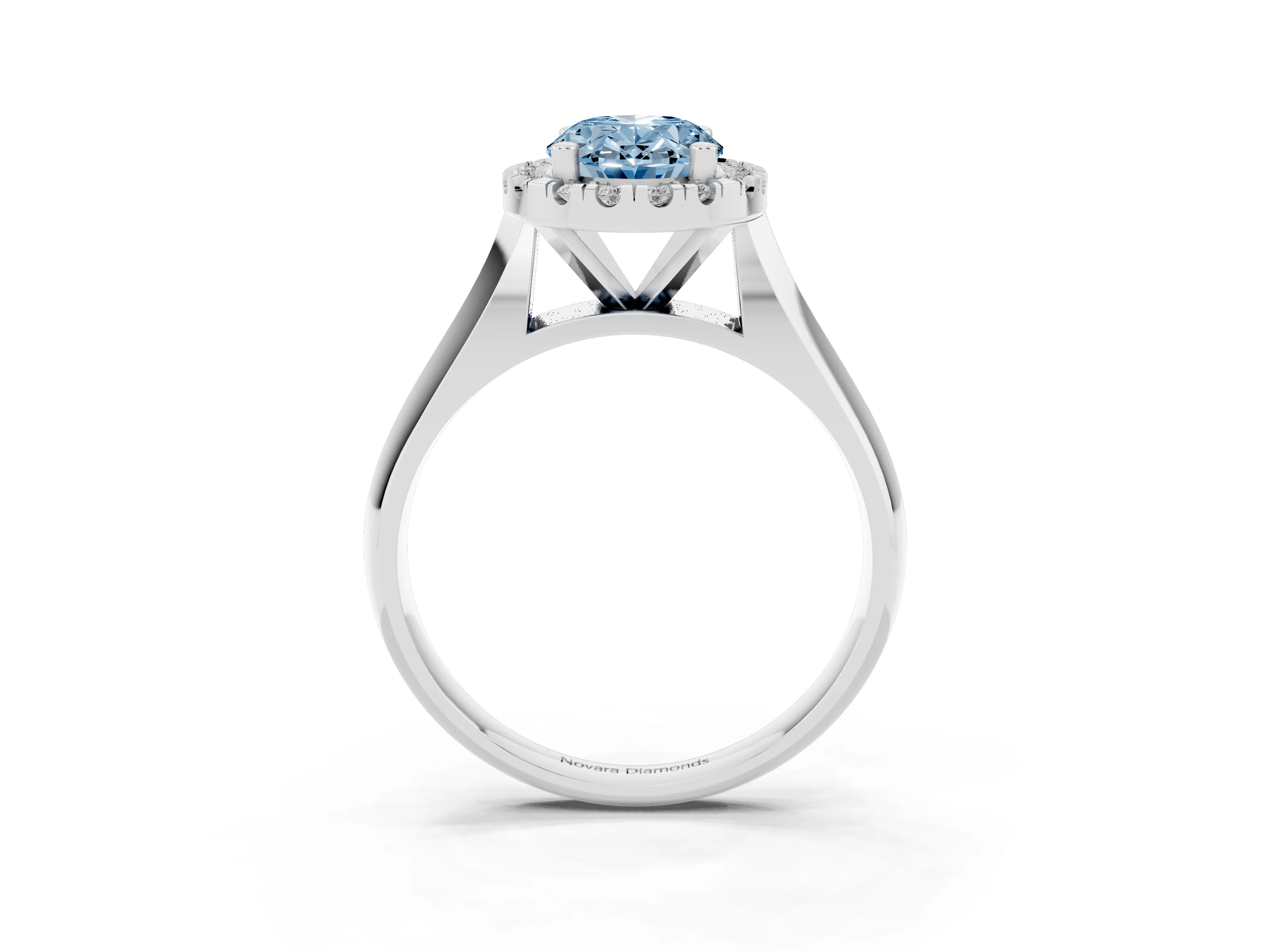 Fancy Blue Oval Cut Diamond Halo Solitaire Engagement Ring Set in Platinum with Square Band and Prong Setting