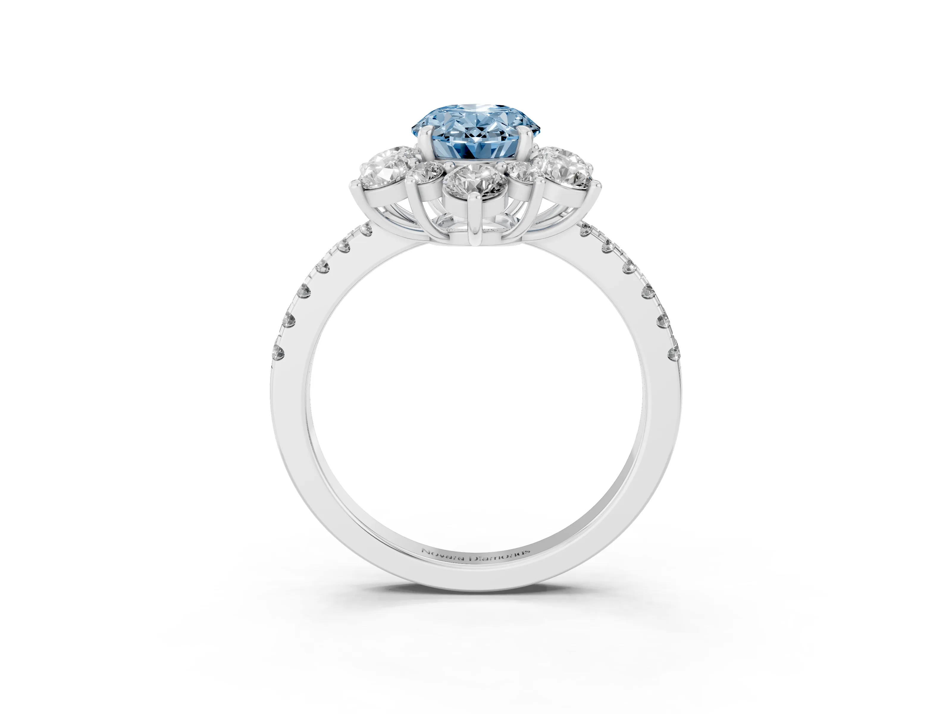Fancy Blue Oval Cut Diamond Floral Halo Ring Set in White gold with Round Pavé Band and Prong Setting