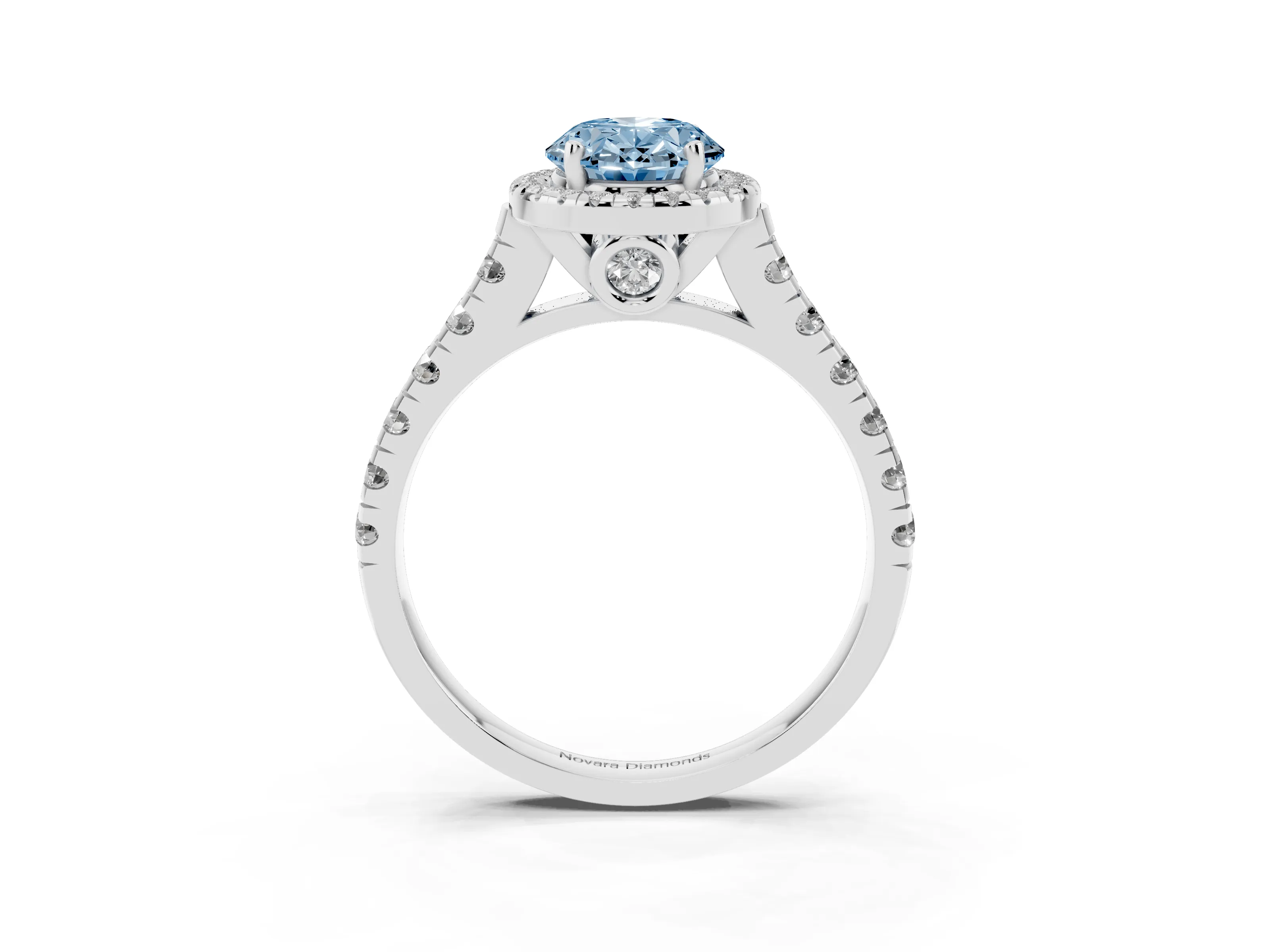 Fancy Blue Oval Cut Diamond Halo Engagement Ring Set in Platinum with Pavé Band and Prong-Set Center