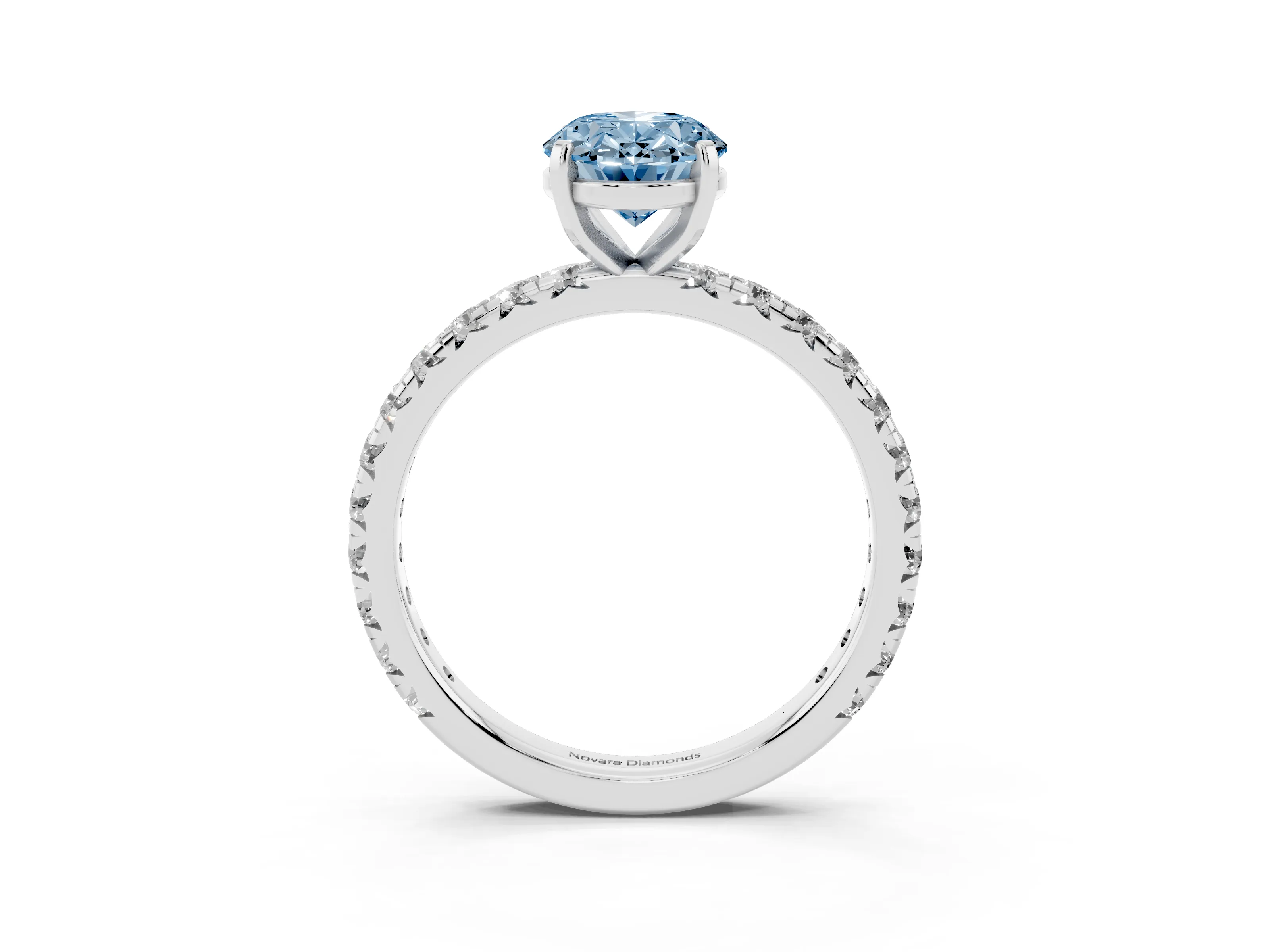 Fancy Blue Oval Cut Diamond Pavé Solitaire Ring Set in Silver with Round Band and Prong Setting