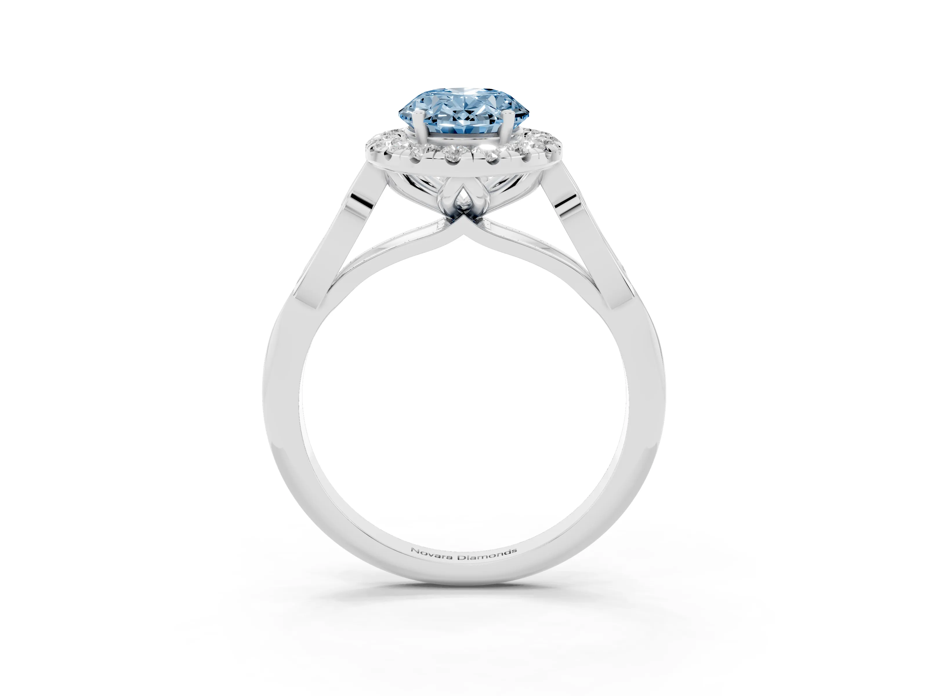 Fancy Blue Oval Cut Diamond Halo Engagement Ring Set in Platinum with Filigree Band and Prong-Set Center