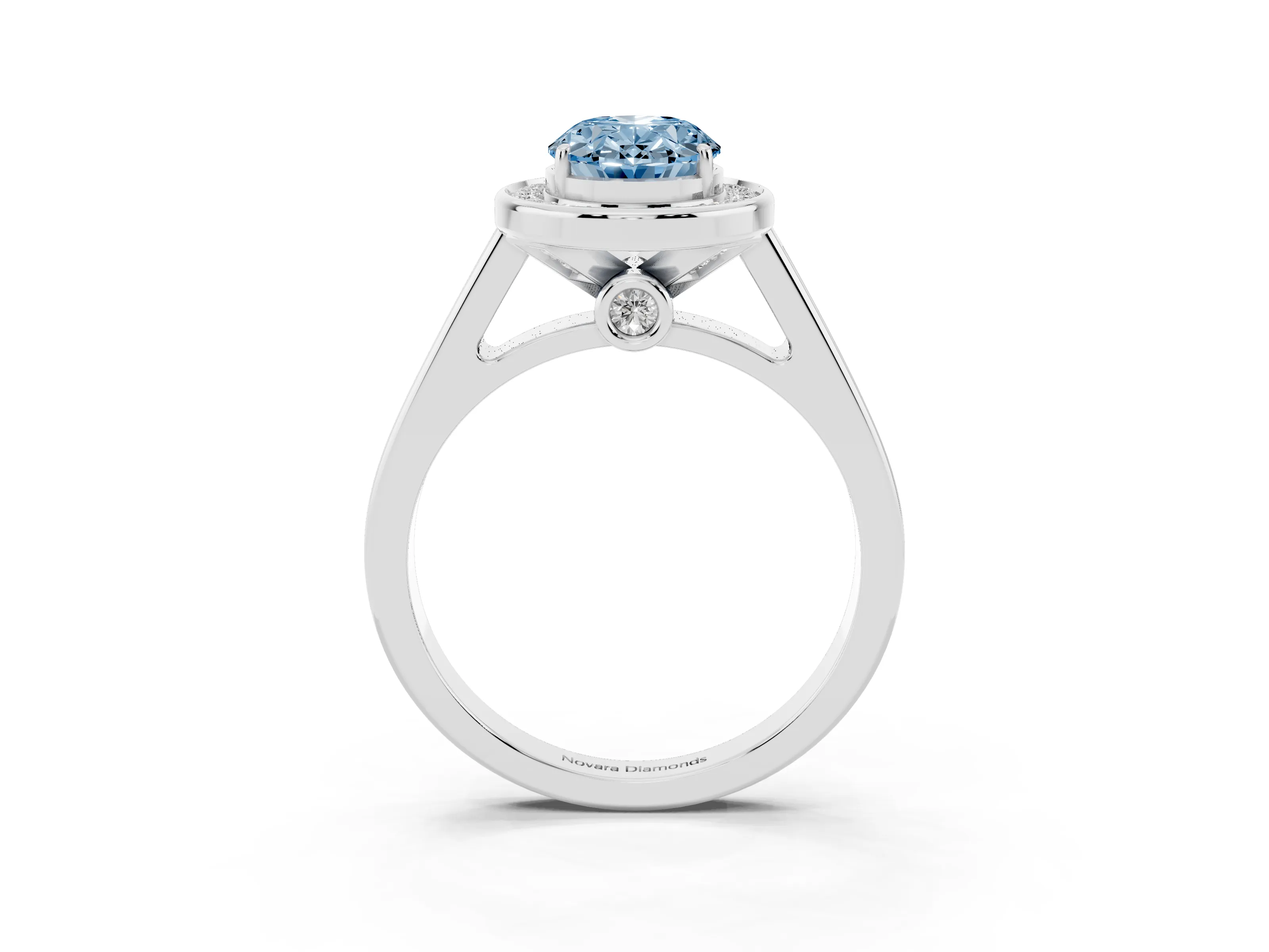 Fancy Blue Oval Cut Diamond Halo Solitaire Ring Set in Silver with Pavé Band and Bezel Setting