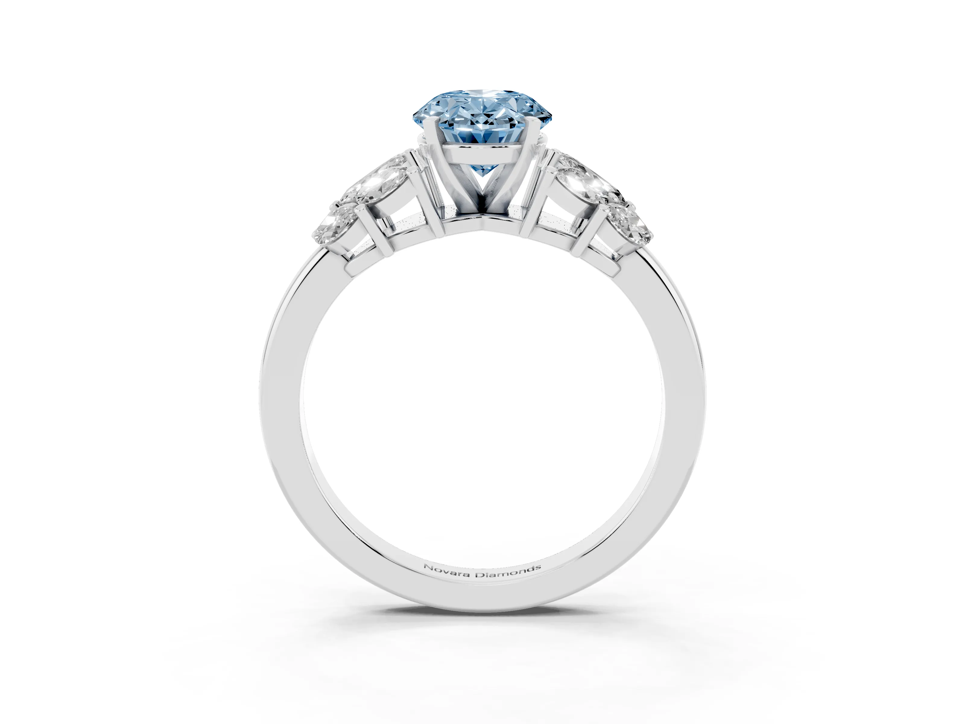 Fancy Blue Oval Cut Diamond Cluster Leaf Design Ring Set in White gold with Prong Setting