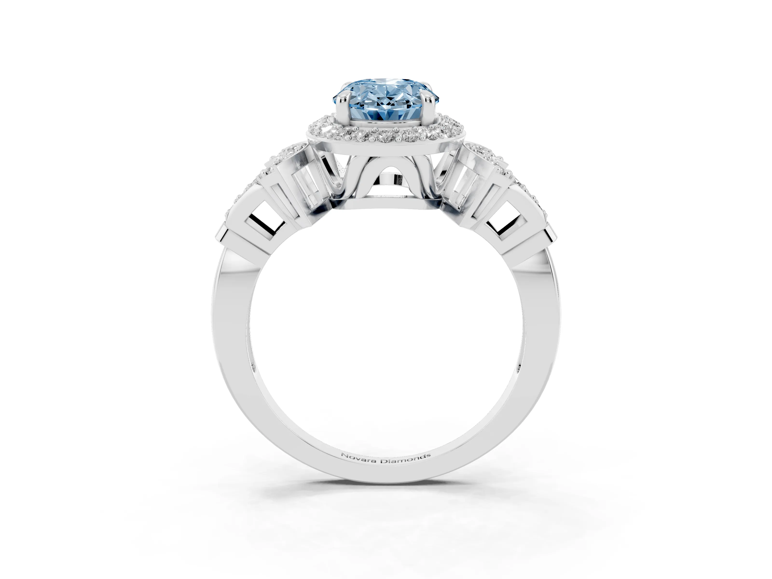 Fancy Blue Oval Cut Diamond Halo Engagement Ring Set in Platinum with Accent Stone Split Shank
