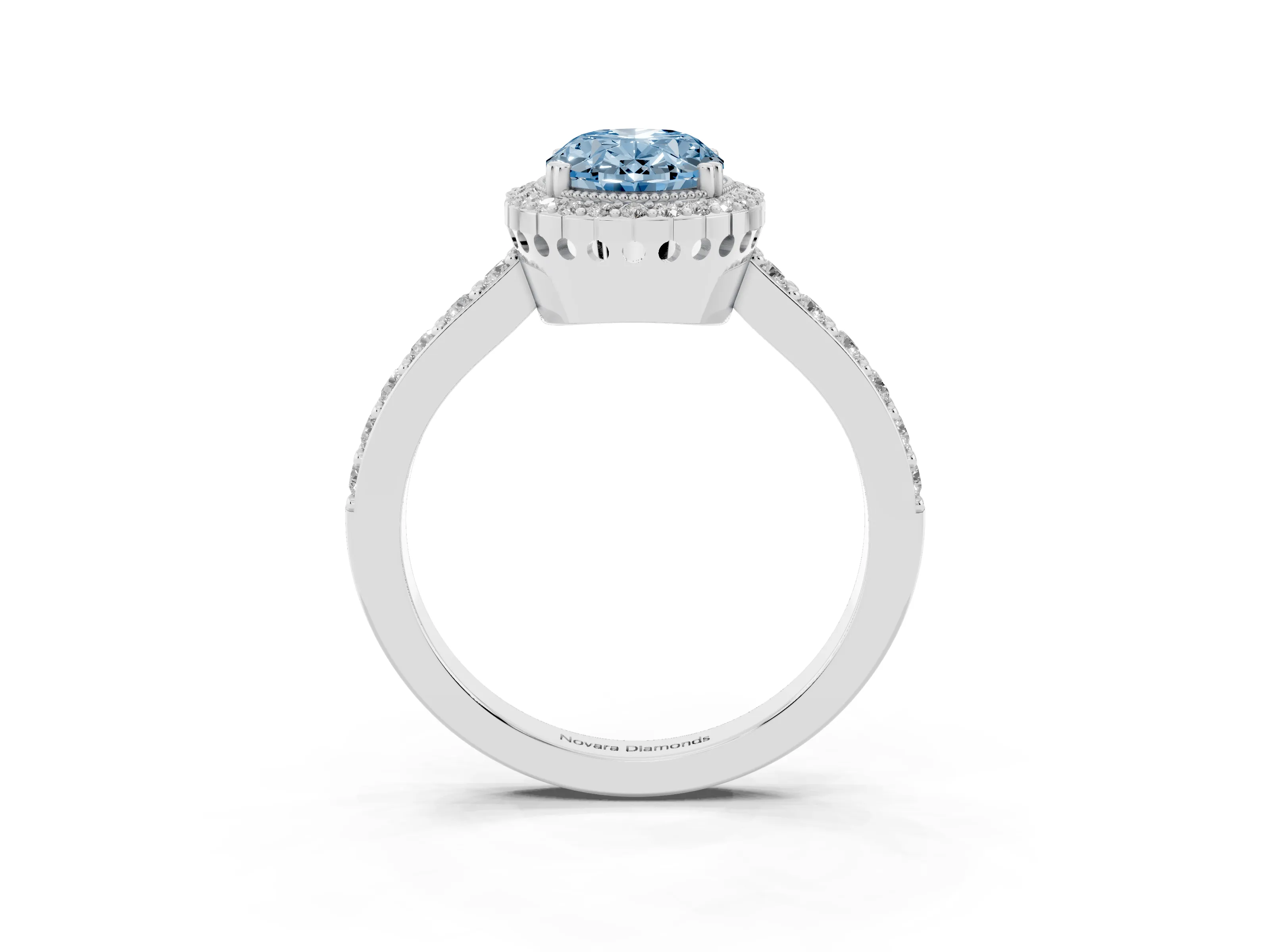 Fancy Blue Oval Cut Diamond Halo Engagement Ring Set in White gold with Milgrain Detail and Pavé Band