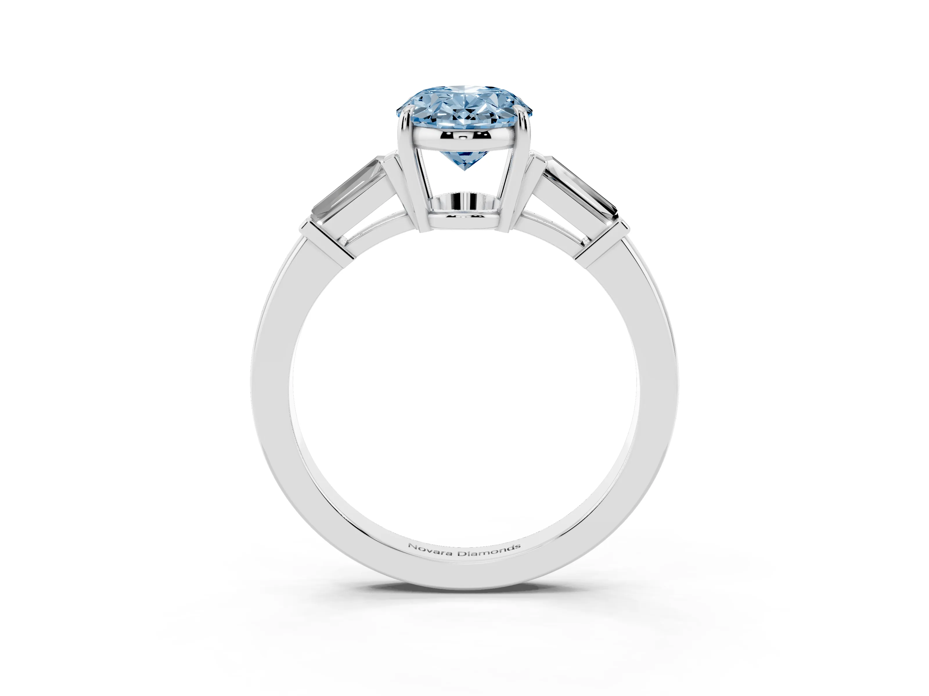 Fancy Blue Oval Cut Diamond Three-Stone Ring Set in Silver with Tapered Baguette Side Stones and Prong Setting