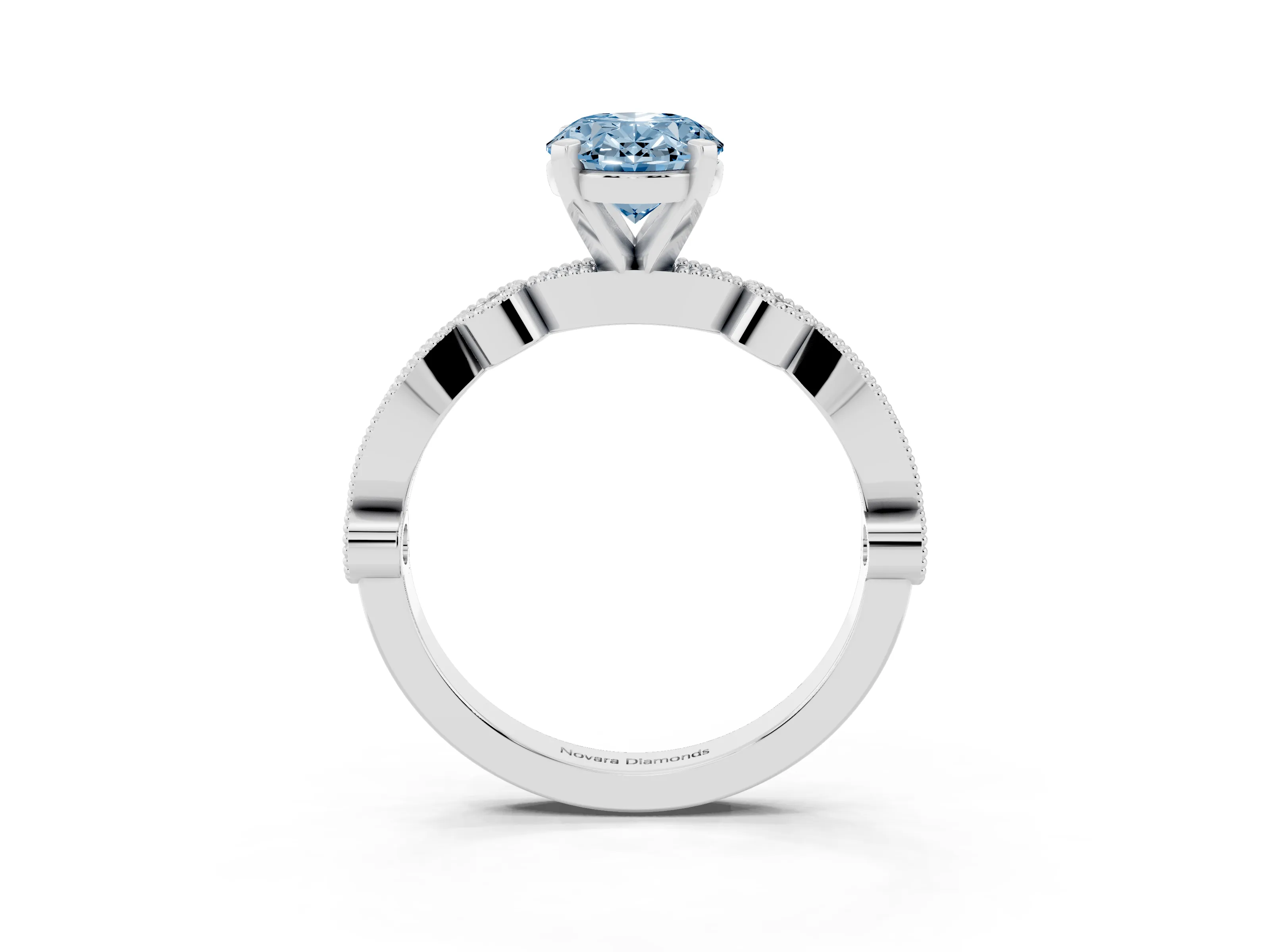 Fancy Blue Oval Cut Diamond Solitaire Engagement Ring Set in Platinum with Milgrain Bezel Accent Band