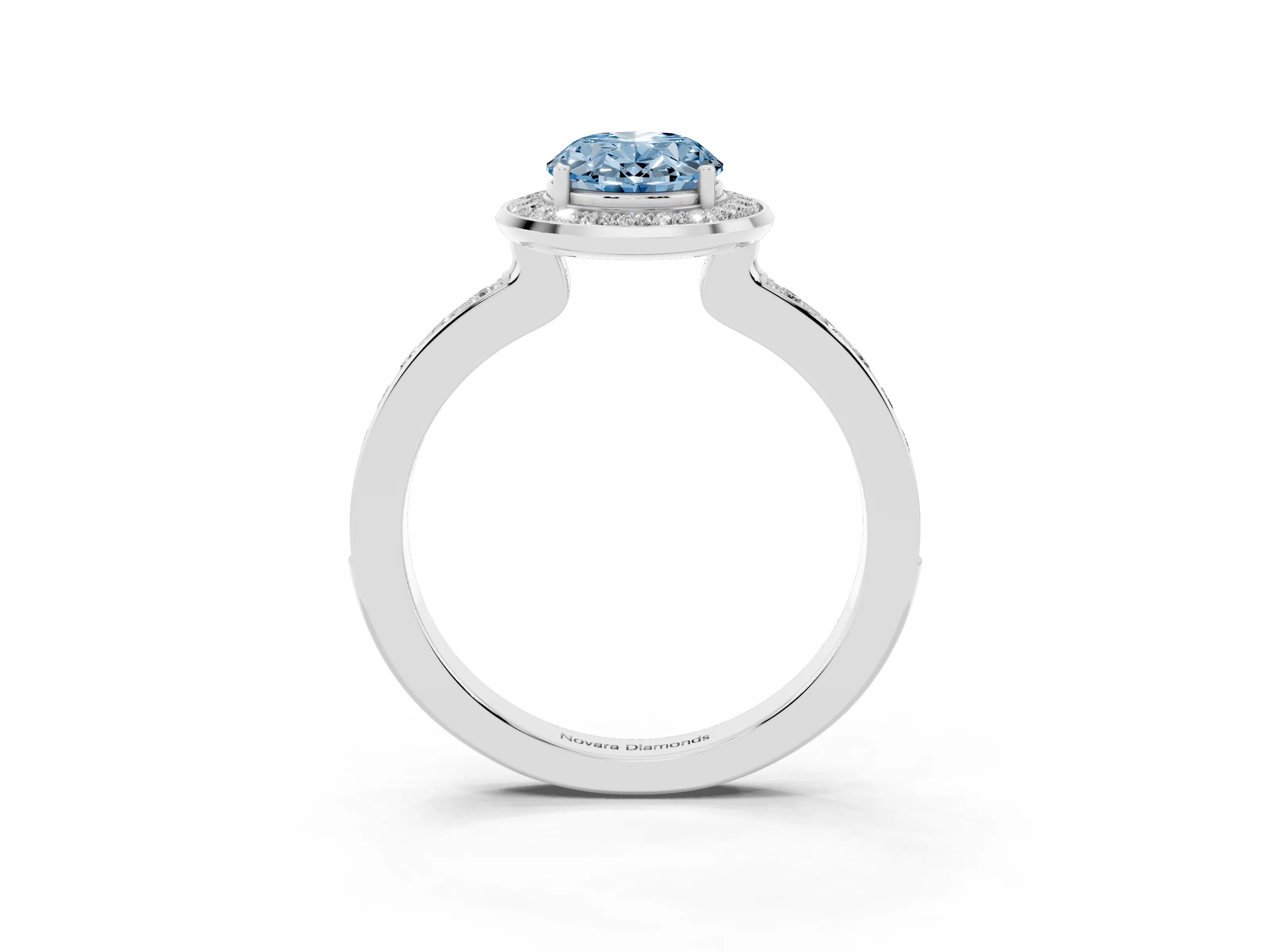 Fancy Blue Oval Cut Diamond Halo Ring Set in White gold with Bezel Frame and Pavé Band