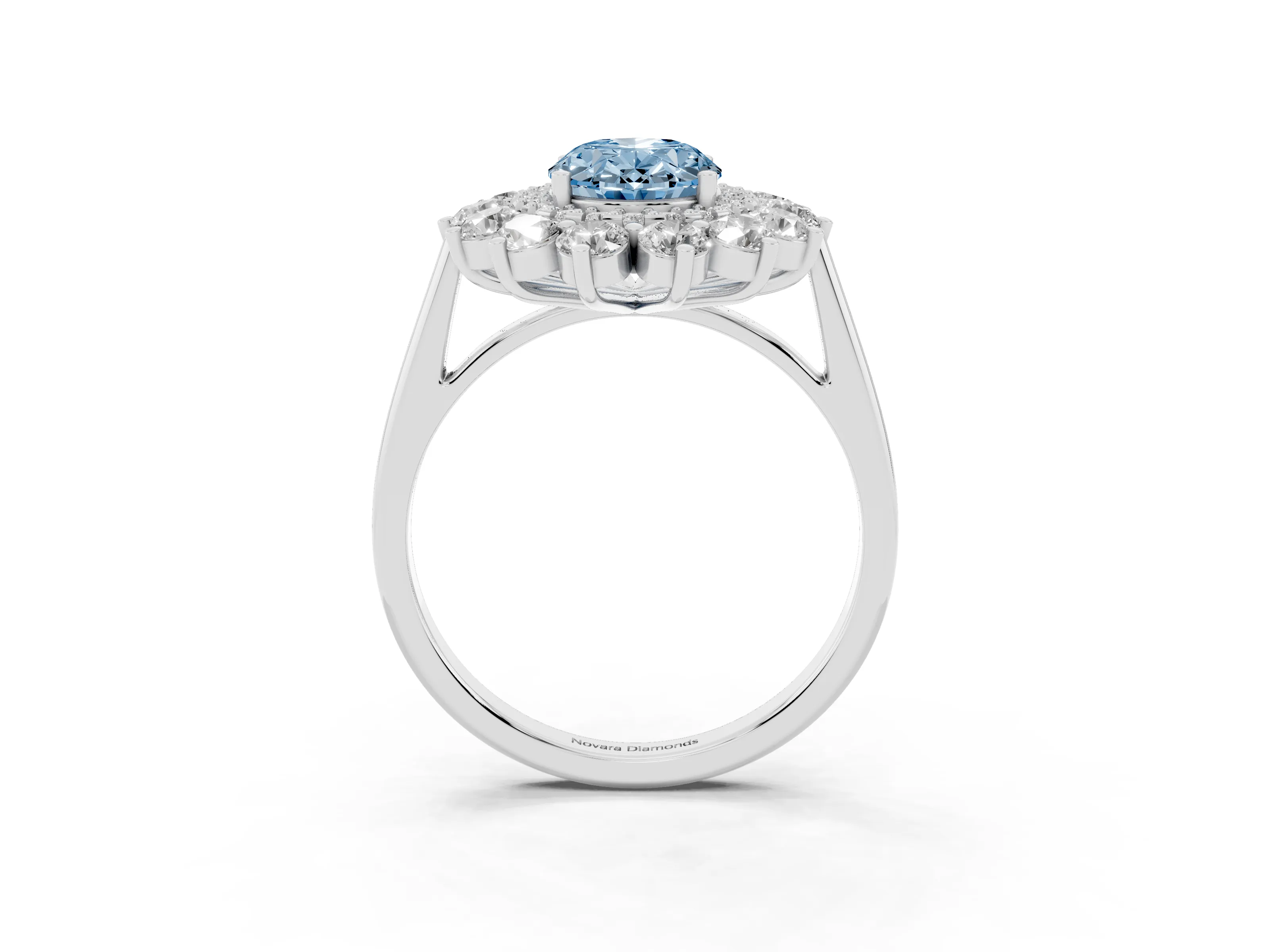 Fancy Blue Oval Cut Diamond Floral Double Halo Ring Set in Platinum with Round Petals