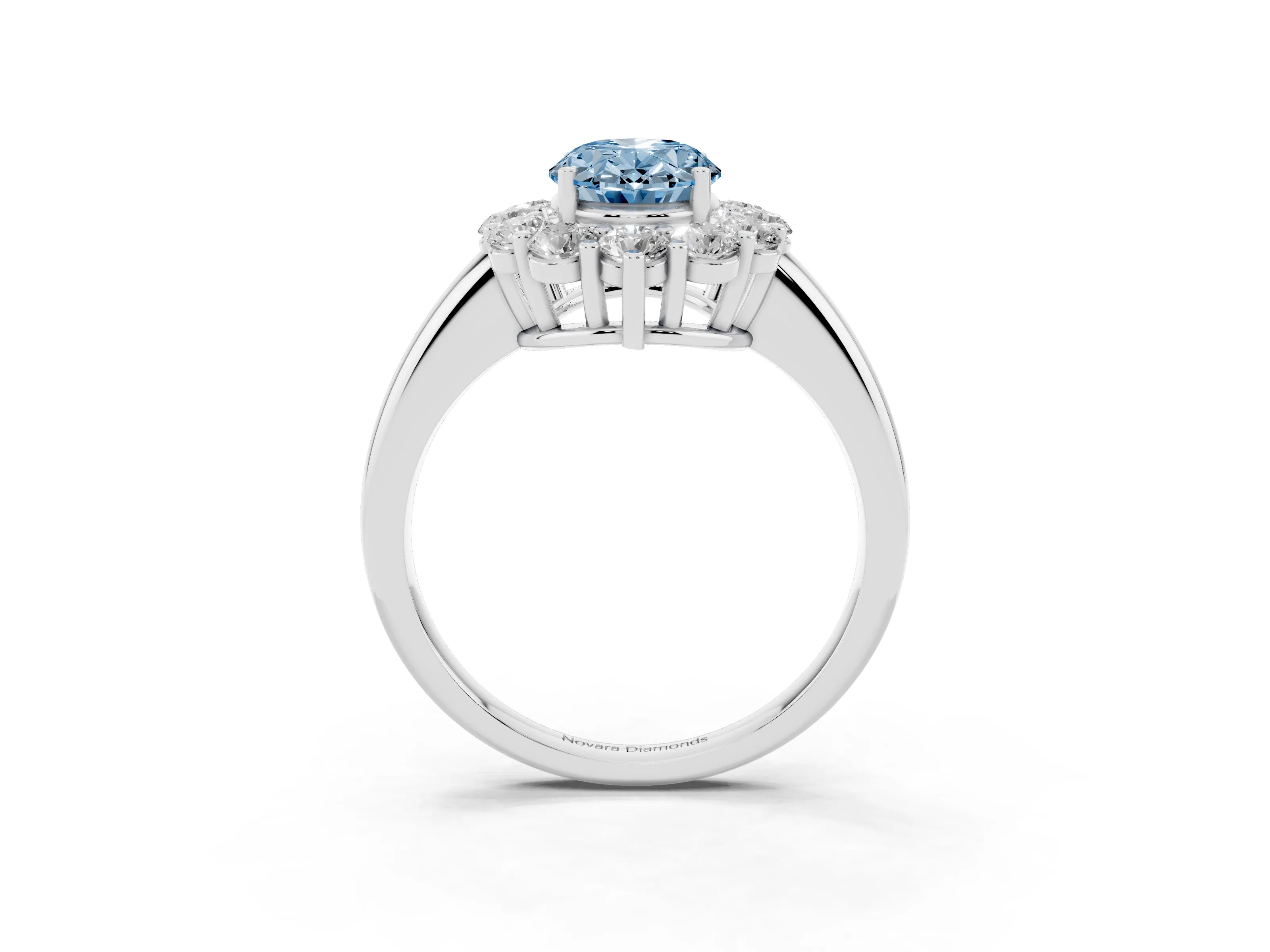 Fancy Blue Oval Cut Diamond Halo Cluster Engagement Ring Set in Platinum with Polished Band and Prong Setting