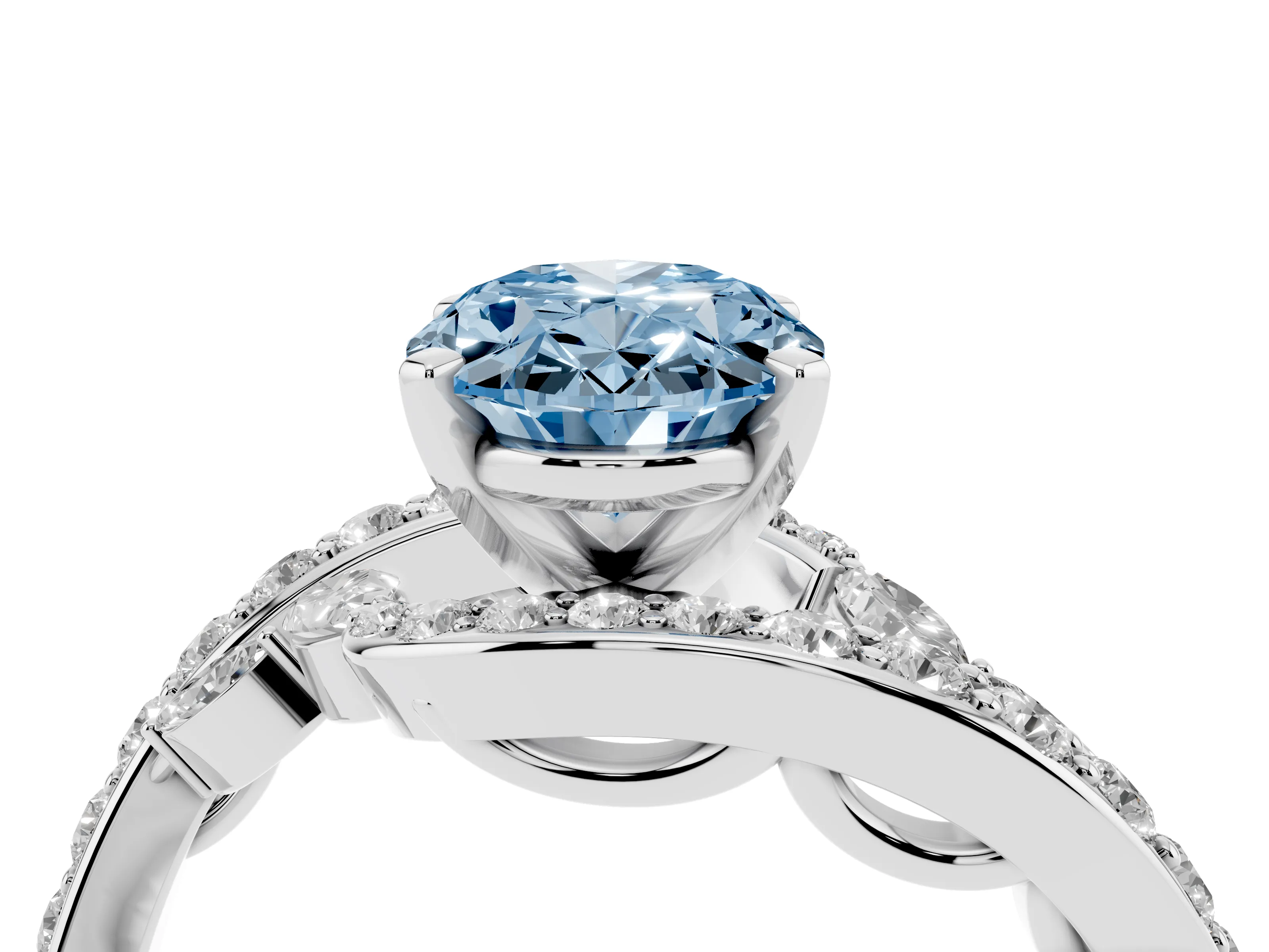 Fancy Blue Oval Cut Diamond Solitaire Ring Set in Silver with Pavé Twist Band and Secure Prong Setting