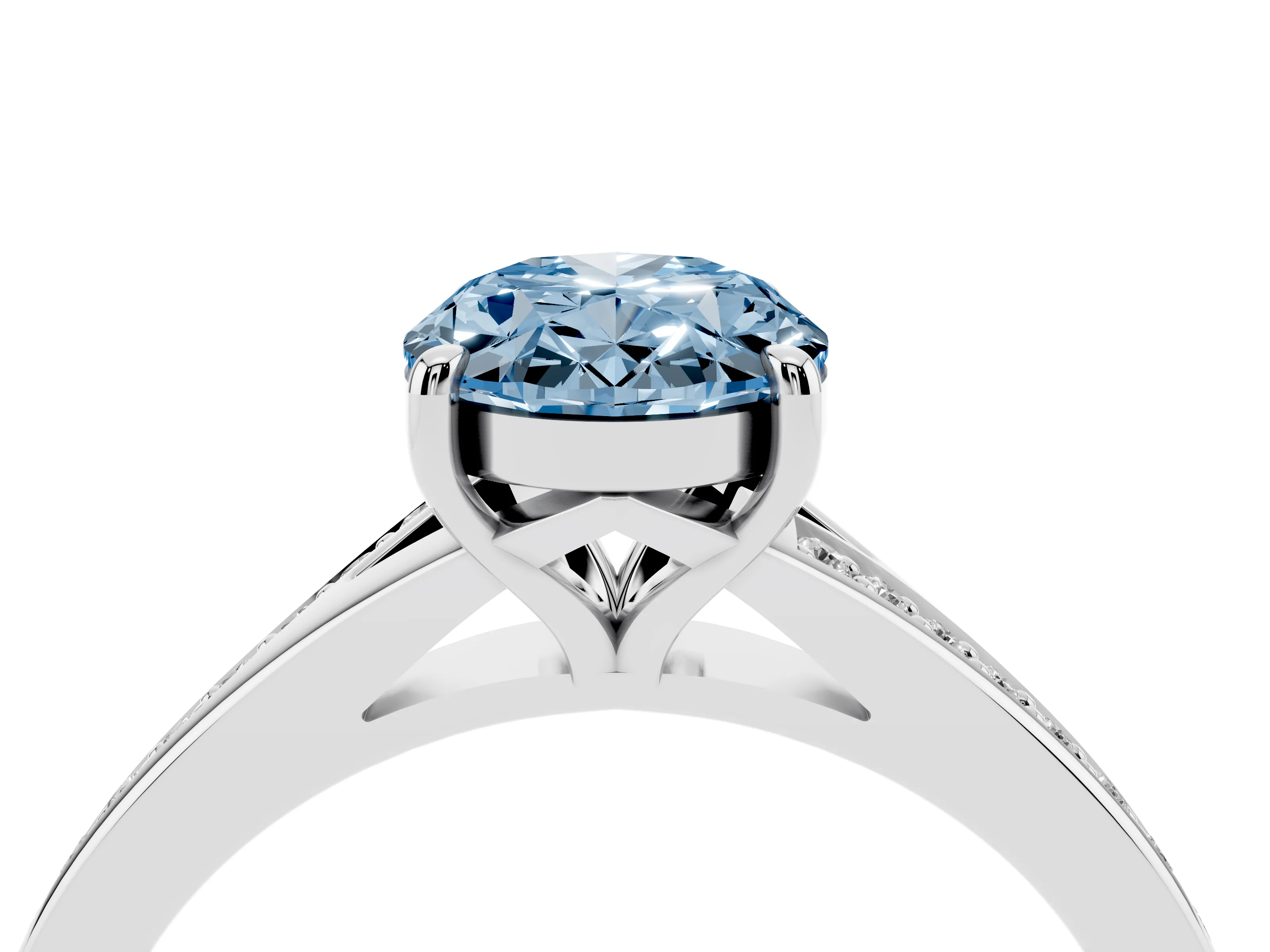 Fancy Blue Oval Cut Diamond Solitaire Ring Set in White gold with Pavé Accent Band and Classic Prong Setting