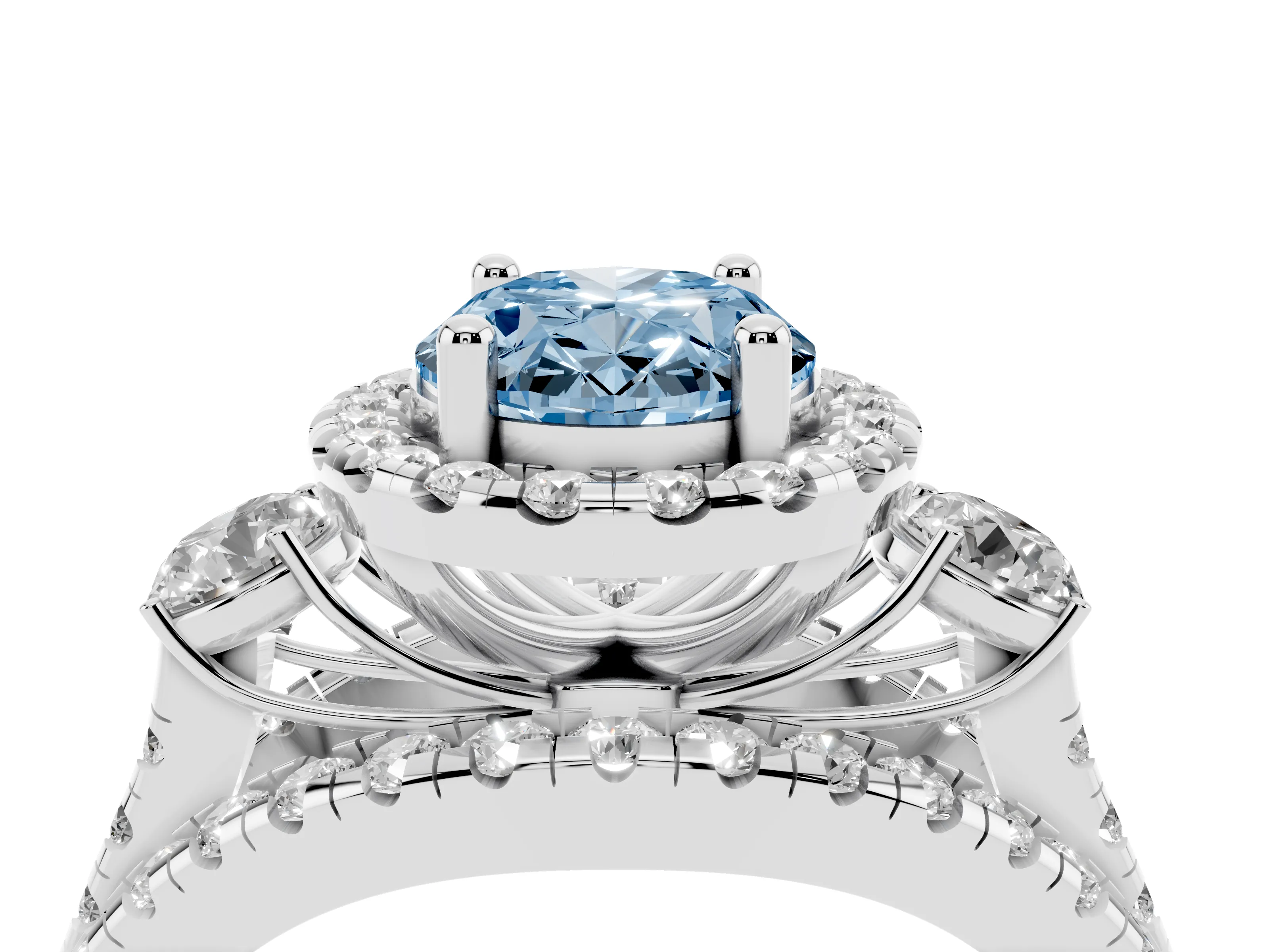 Fancy Blue Oval Cut Diamond Halo Split Shank Ring Set in Platinum with Round Accent Stones and Prong Setting