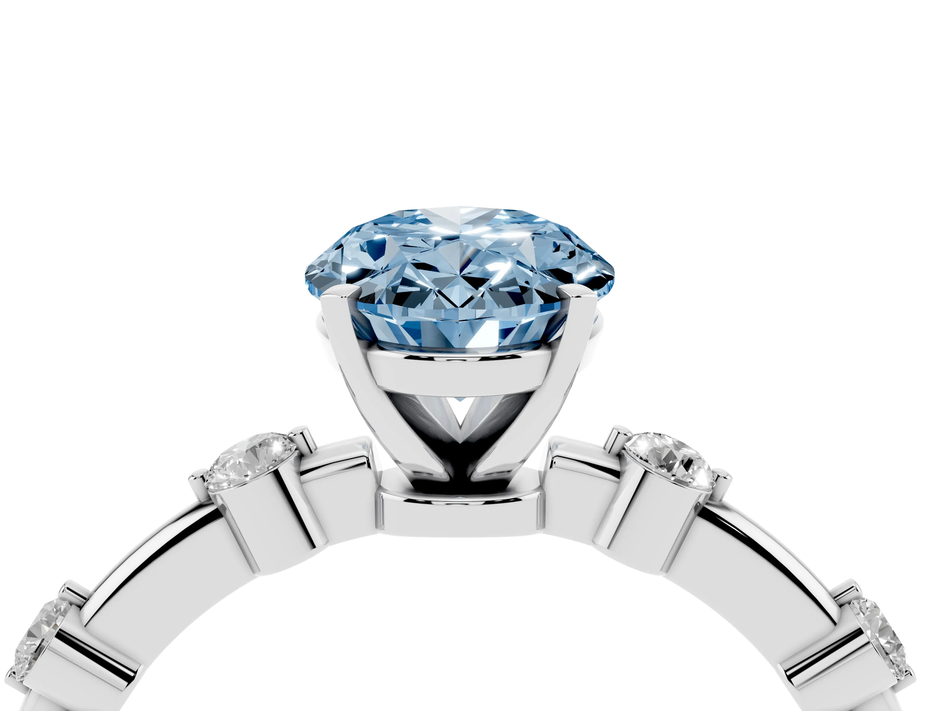 Fancy Blue Oval Cut Diamond Solitaire Ring Set in Platinum with Bezel Set Side Stones and Prong Setting