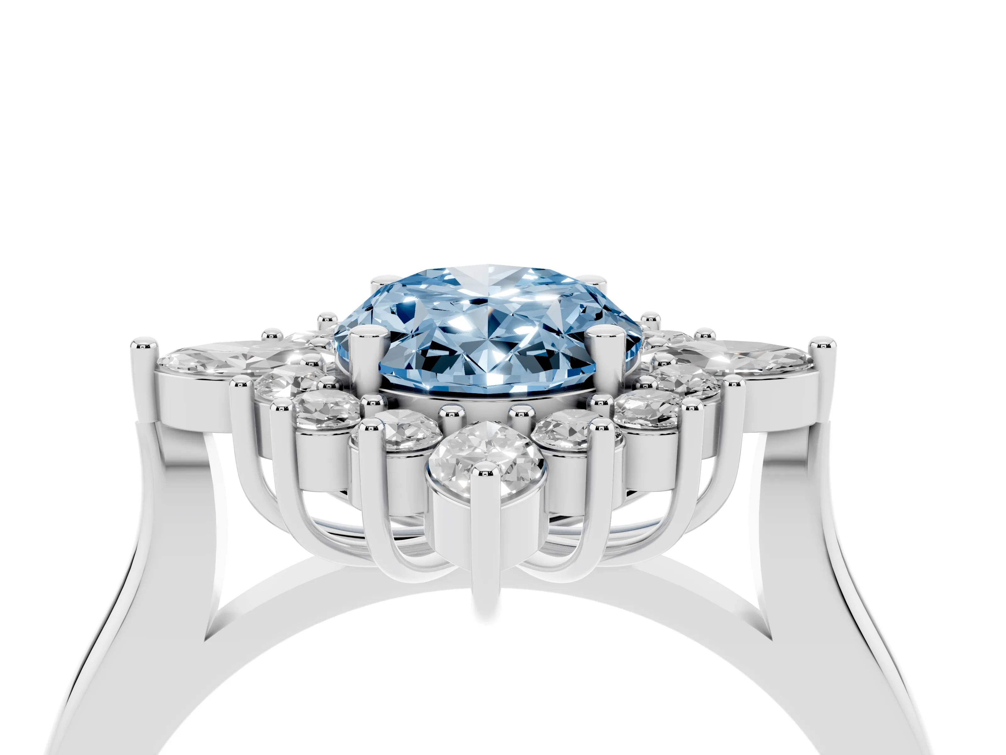 Fancy Blue Oval Cut Diamond Cluster Halo Ring Set in Platinum with Marquise and Round Accents