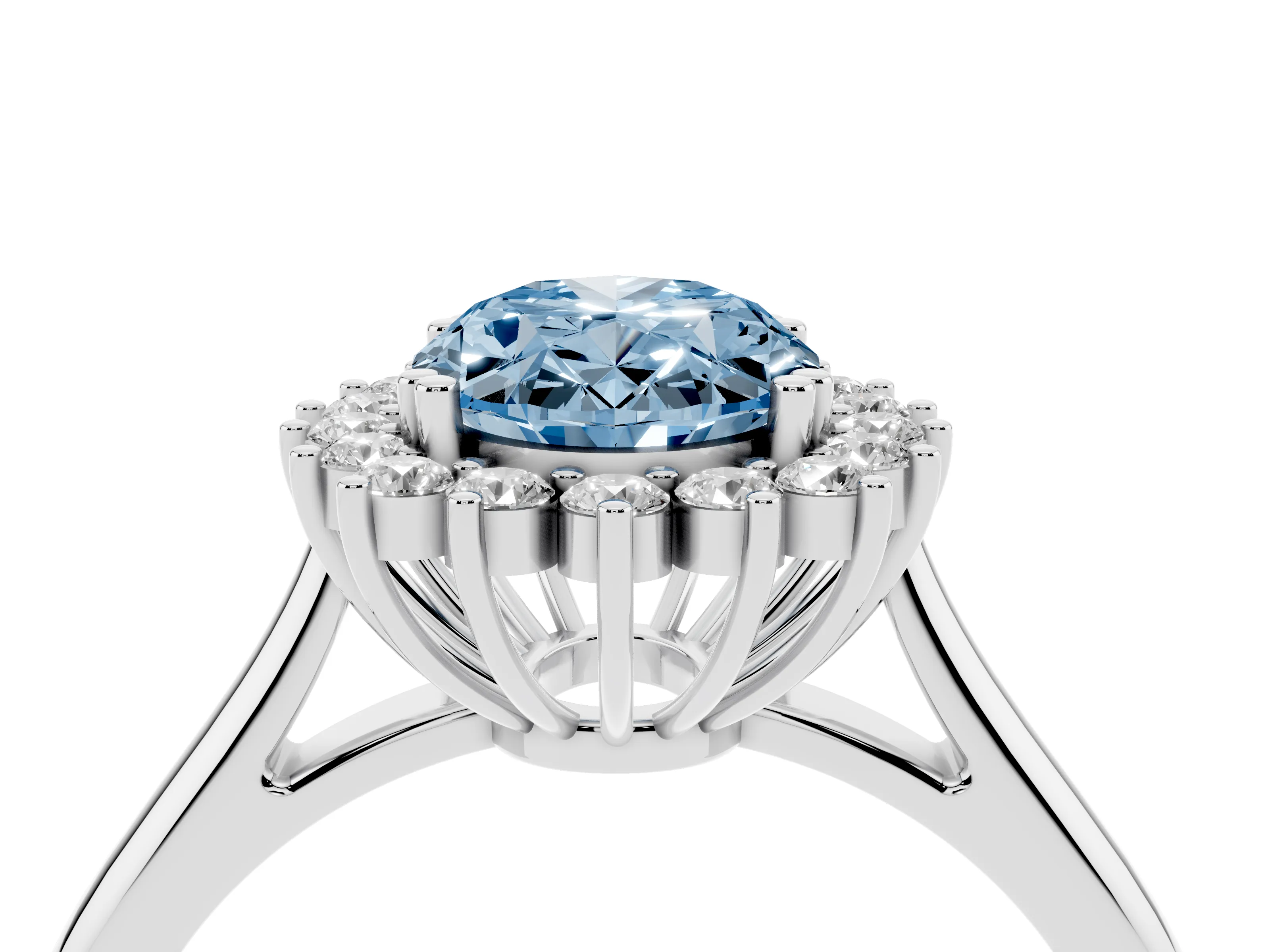 Fancy Blue Oval Cut Diamond Halo Ring Set in Silver with Plain Solitaire Band and Prong Setting