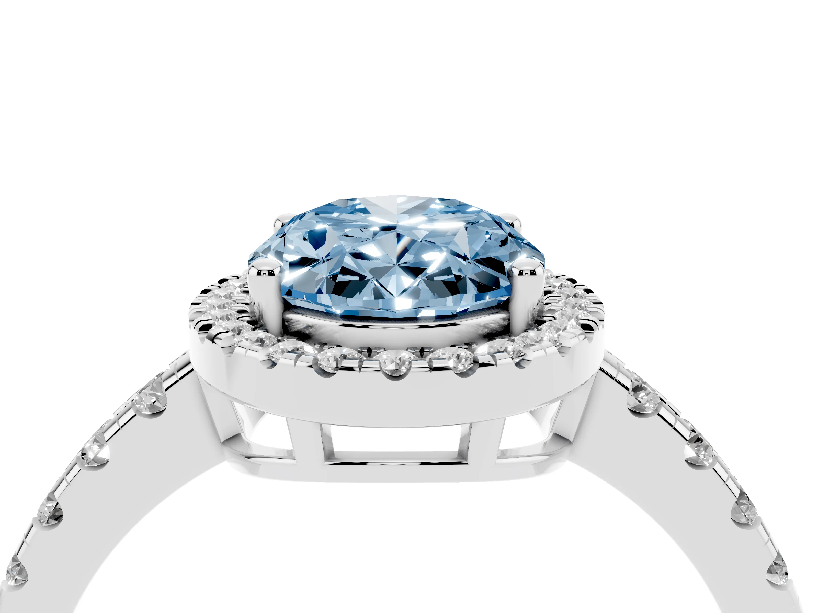 Fancy Blue Oval Cut Diamond Halo Ring Set in Silver with Delicate Pavé Band and Prong Setting