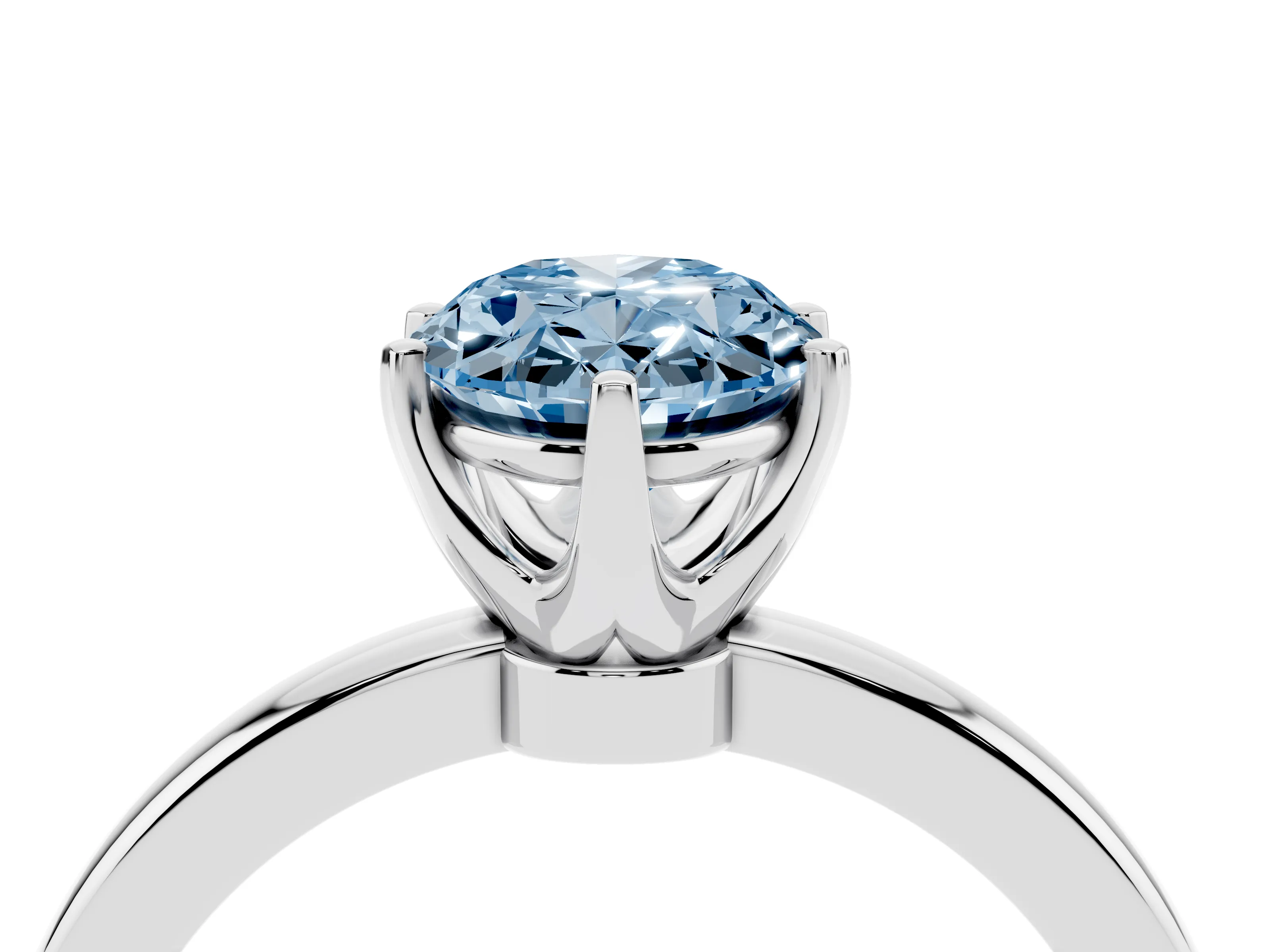 Fancy Blue Oval Cut Diamond Solitaire Ring Set in White gold with Raised Prong Setting on a Classic Band