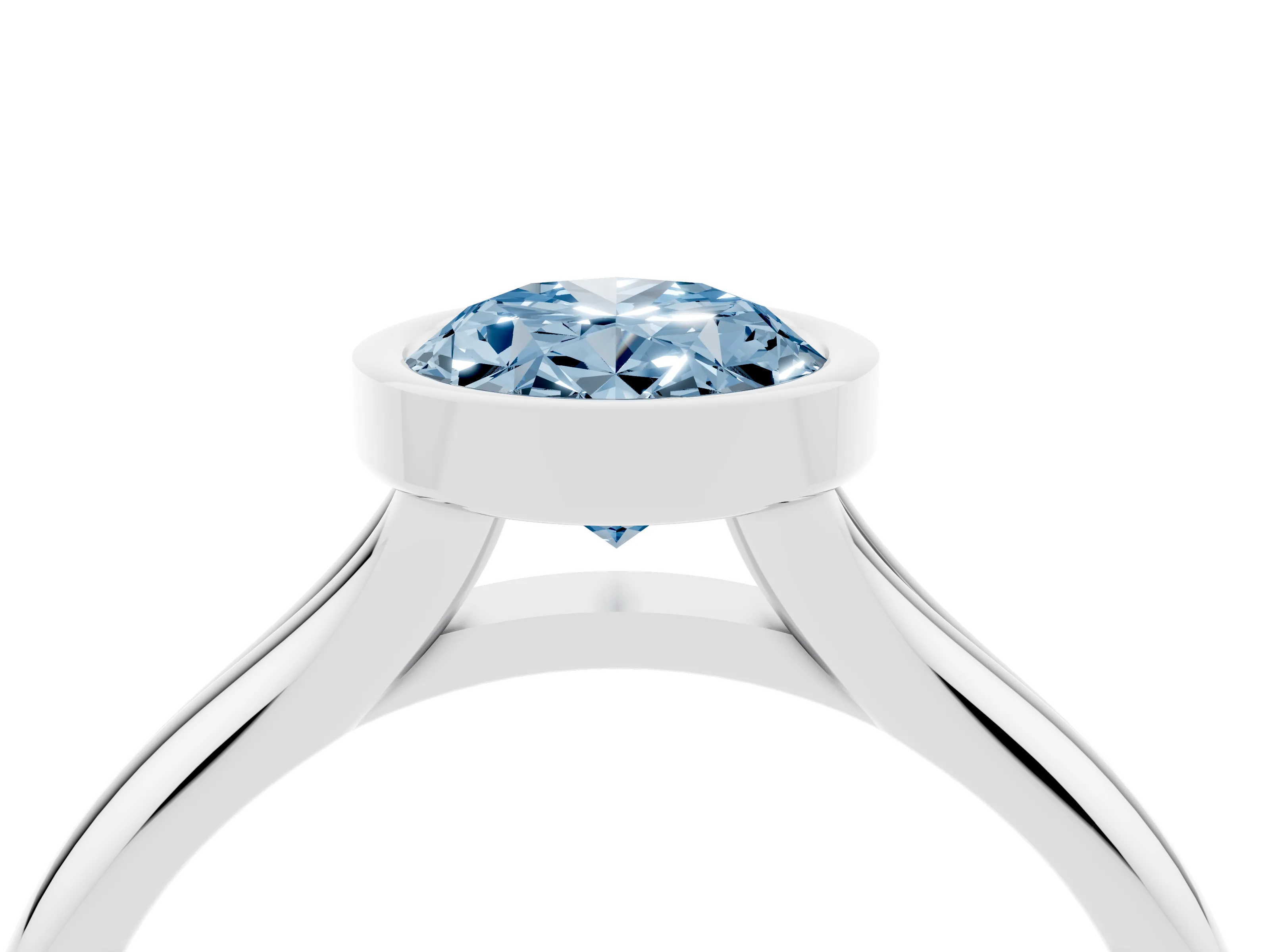 Fancy Blue Bezel Set Oval Cut Diamond Solitaire Ring Set in White gold with Smooth Band