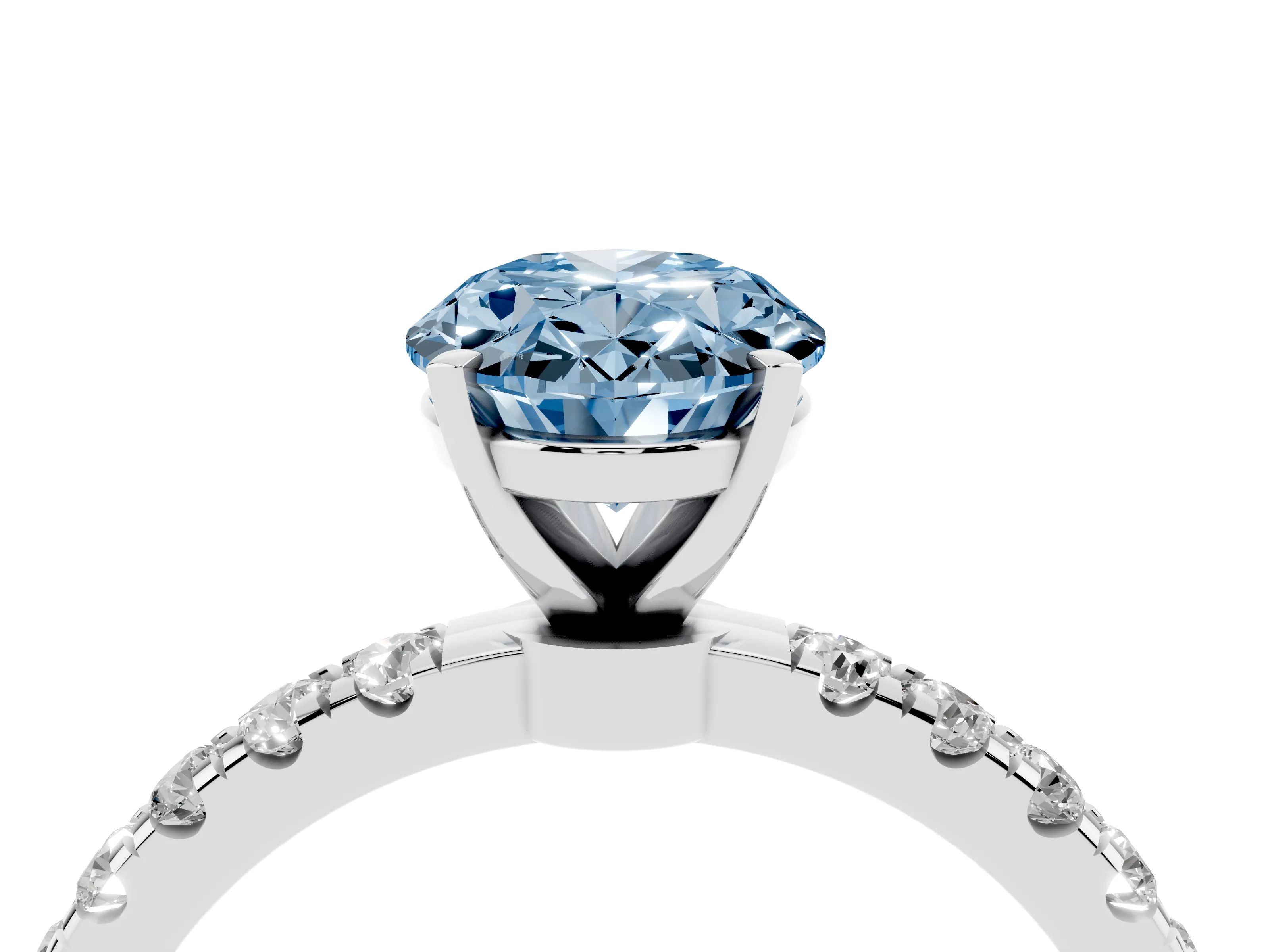 Fancy Blue Oval Cut Diamond Solitaire Ring Set in White gold with Pavé Accents and Prong Setting