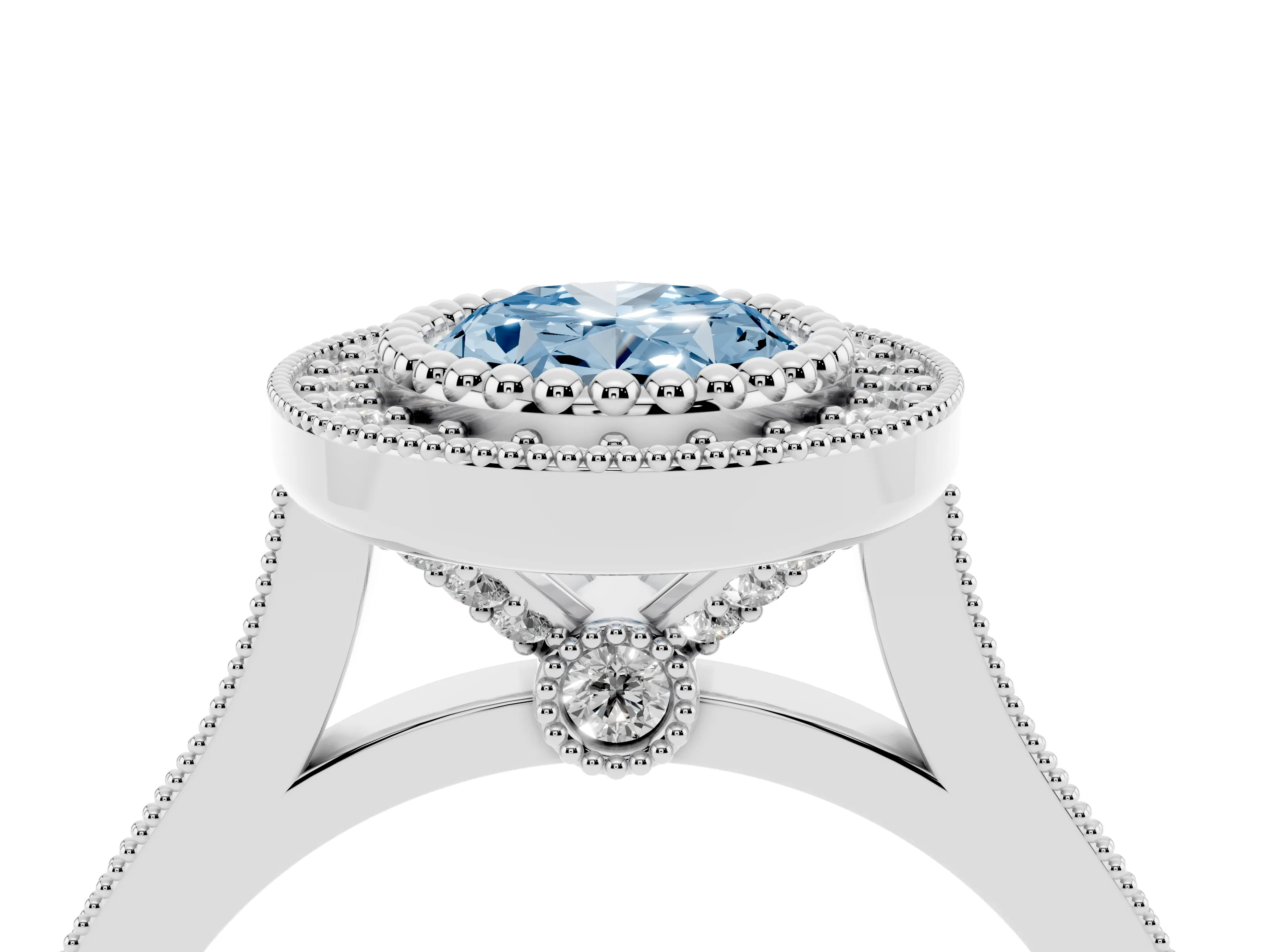 Fancy Blue Oval Cut Diamond Halo Ring Set in White gold with Milgrain Frame and Pavé Band