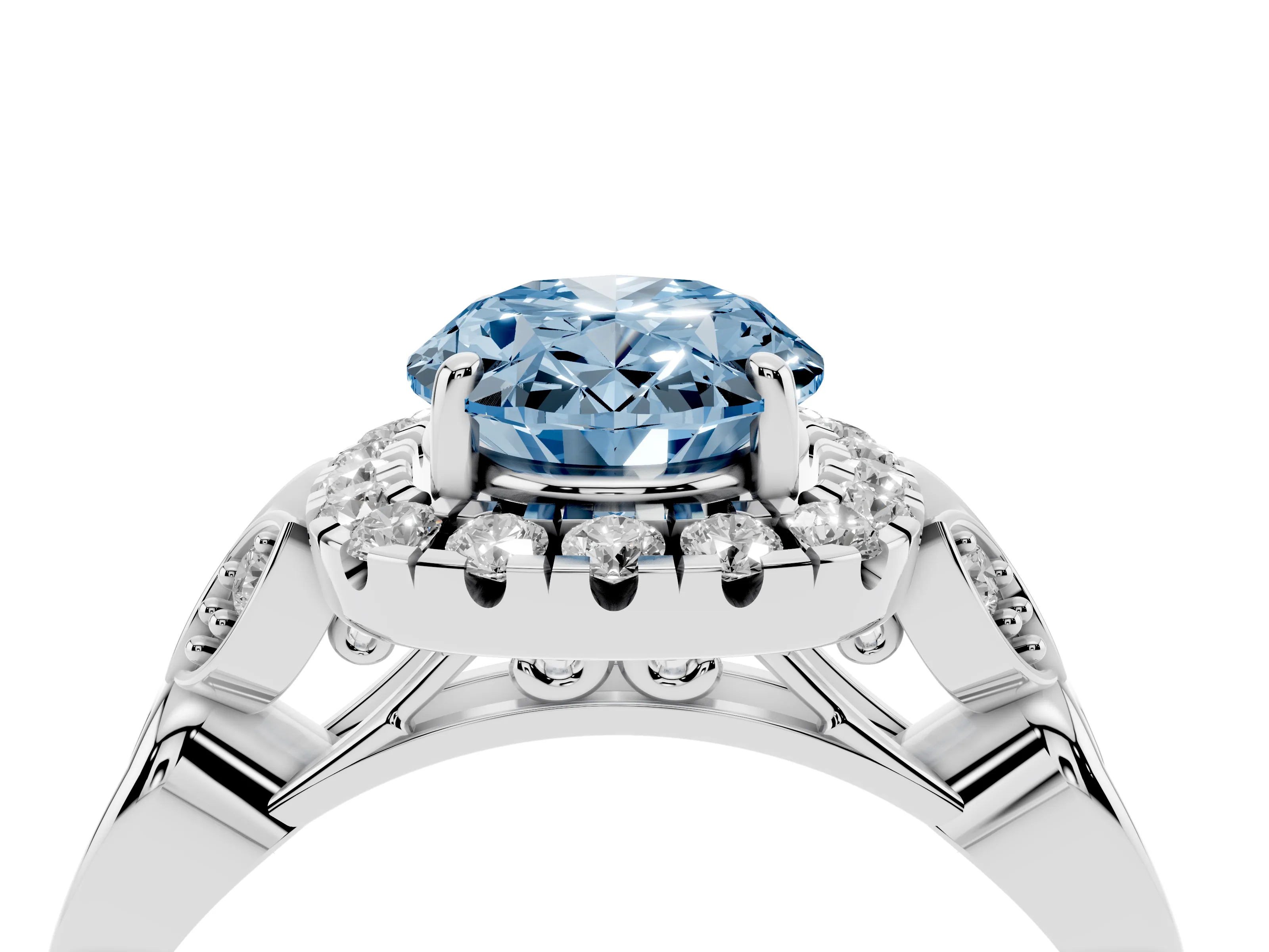 Fancy Blue Oval Cut Diamond Halo Engagement Ring Set in White gold with Vintage-Inspired Band and Prong Setting