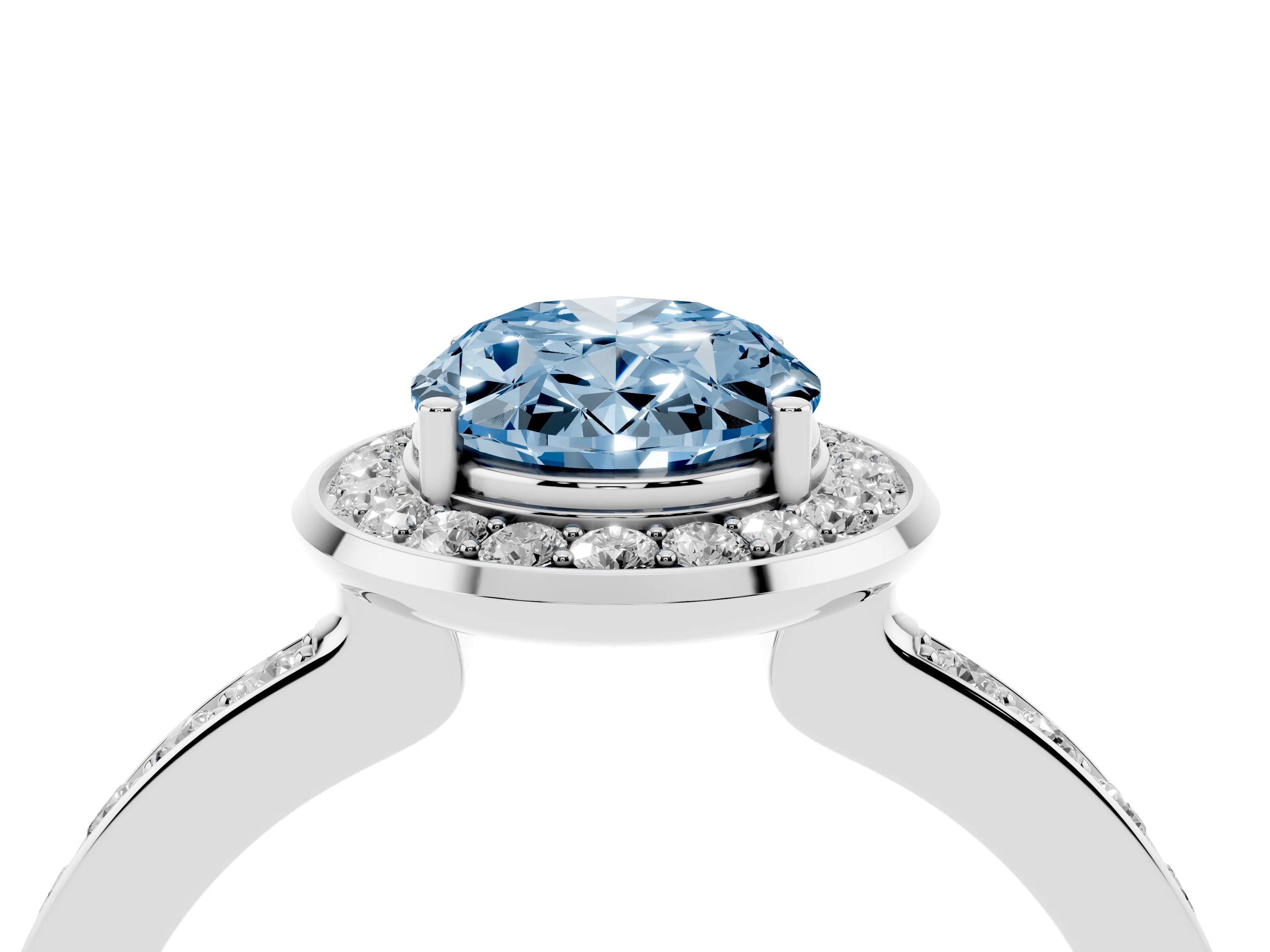 Fancy Blue Oval Cut Diamond Halo Ring Set in White gold with Bezel Frame and Pavé Band