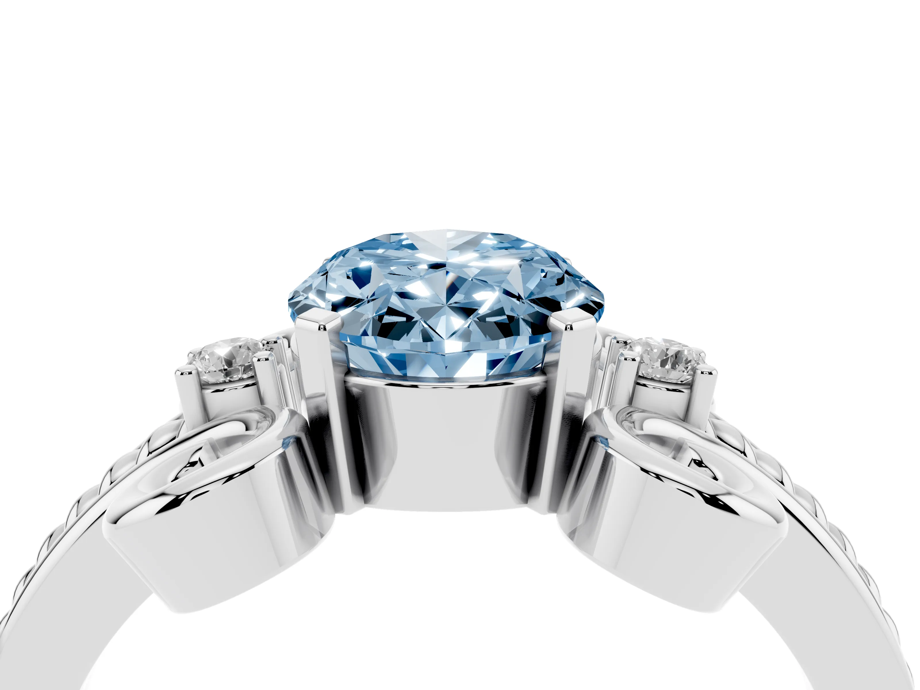 Fancy Blue Oval Cut Diamond Twisted Band Solitaire Ring Set in Silver with Scroll Prongs