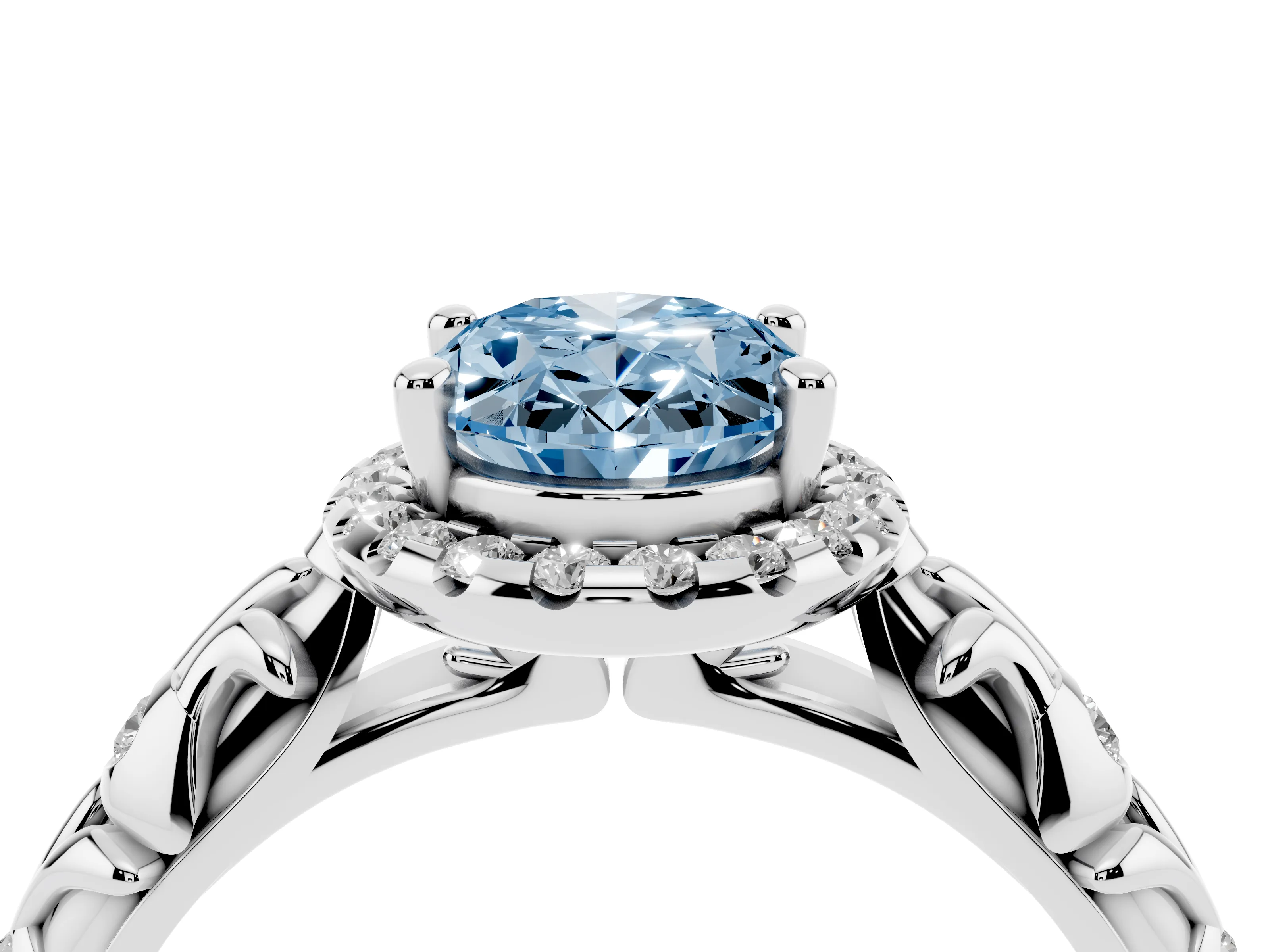 Fancy Blue Oval Cut Diamond Halo Ring Set in White gold with Filigree Leaf Band and Prong Setting