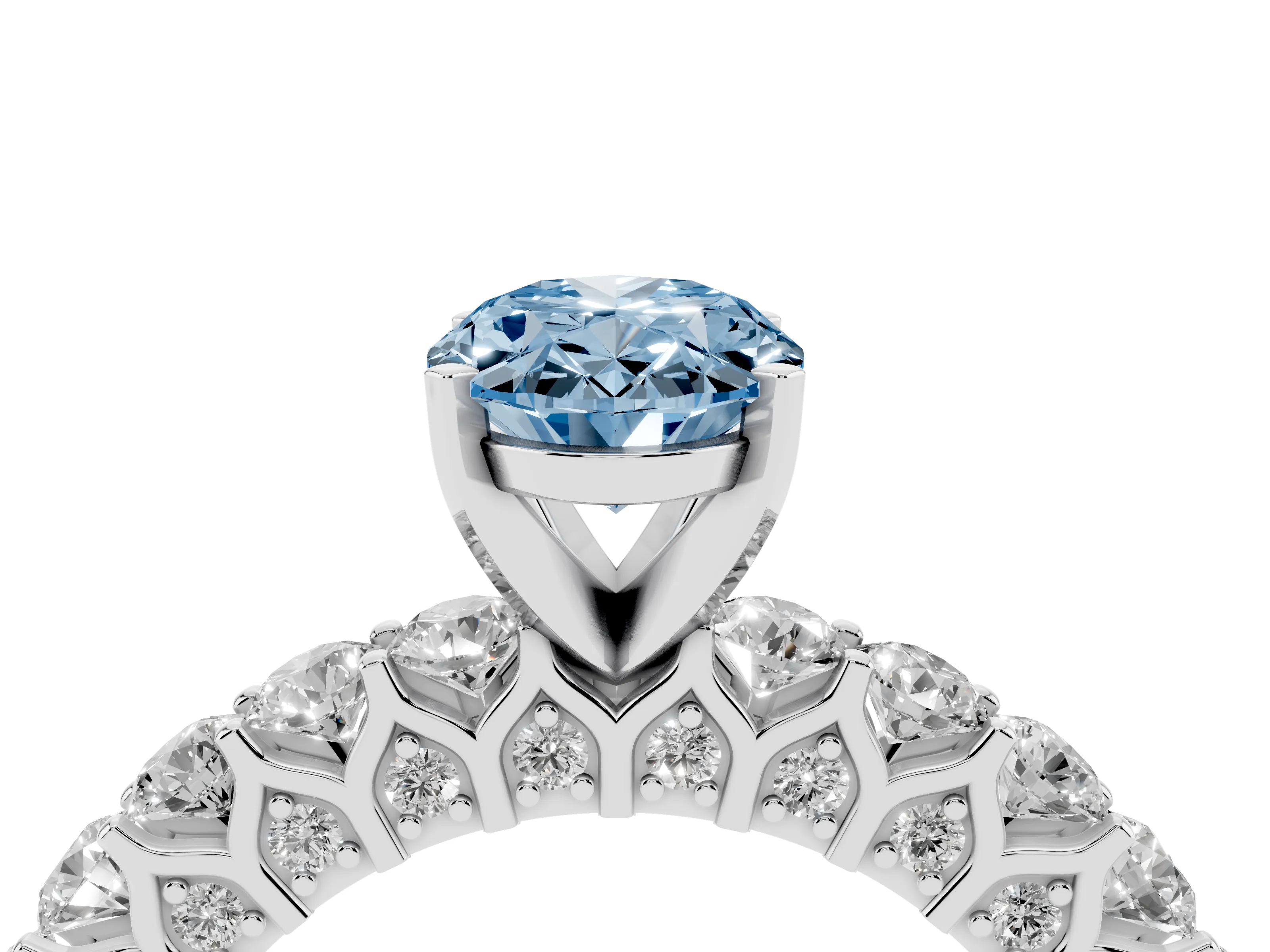 Fancy Blue Oval Cut Diamond Solitaire Ring Set in Platinum with Shared Prong Pavé Band