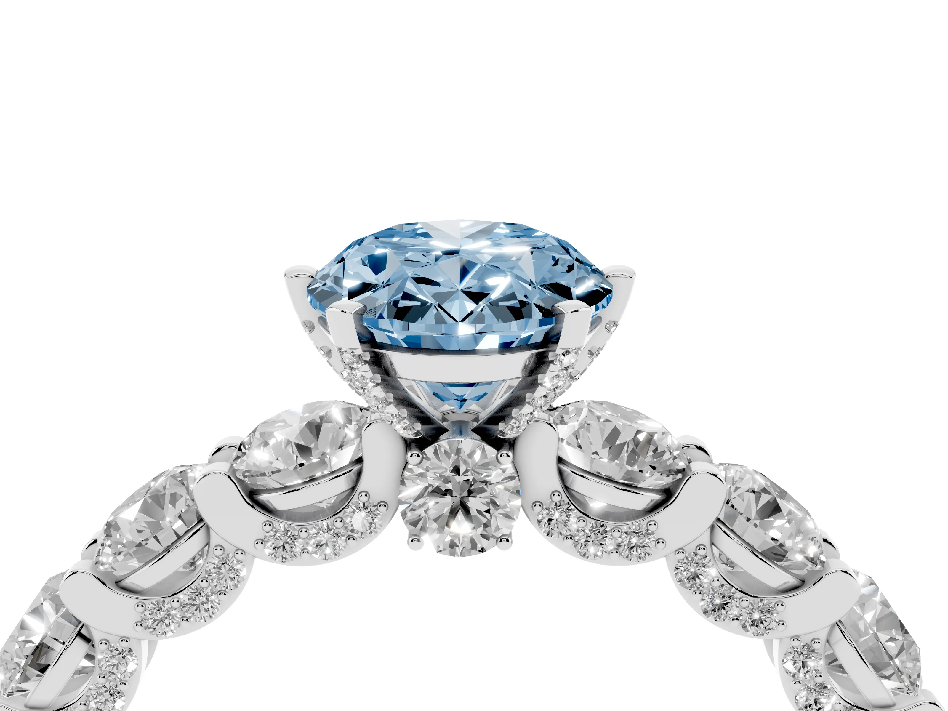 Fancy Blue Oval Cut Diamond Side Stone Ring Set in White gold with Alternating Round and Oval Side Stones