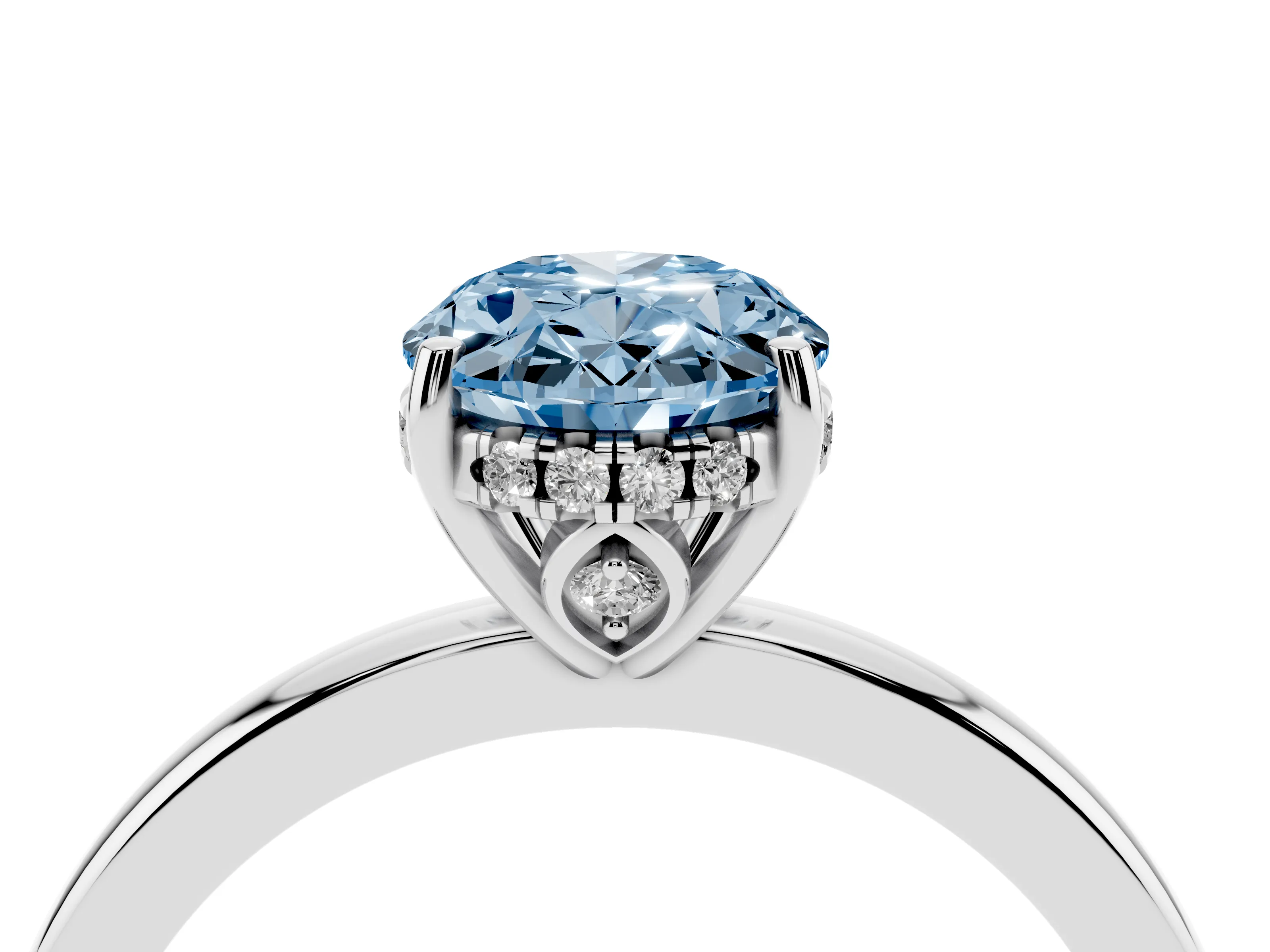 Fancy Blue Oval Cut Diamond Solitaire Ring Set in Platinum with Plain Band and Prong Setting