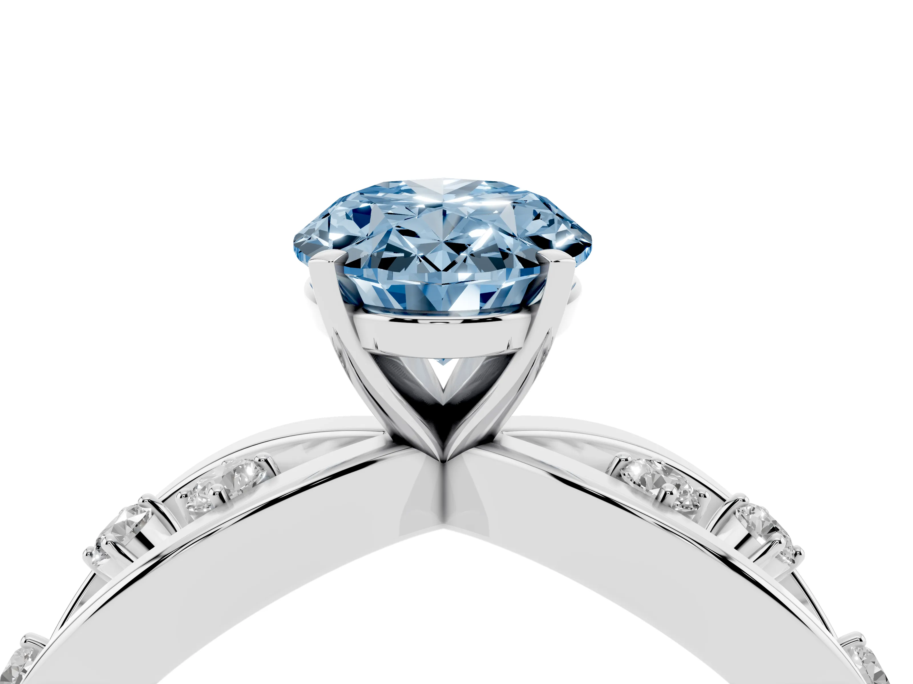 Fancy Blue Oval Cut Diamond Solitaire Ring Set in White gold with Side Stones on Criss-Cross Band and Prong Setting