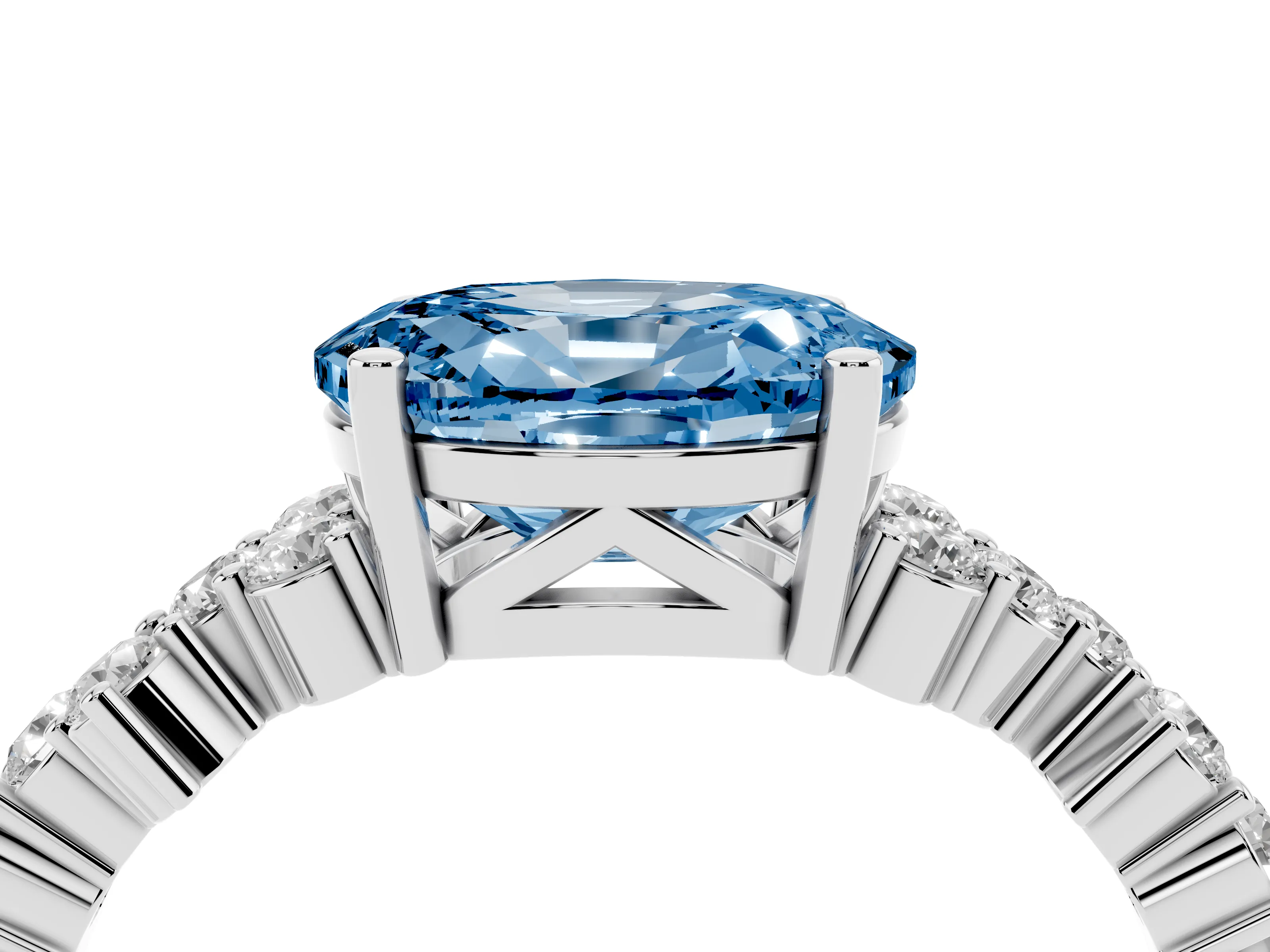 Fancy Blue Oval Cut Diamond Ring Set in Platinum with Scattered Round Accents