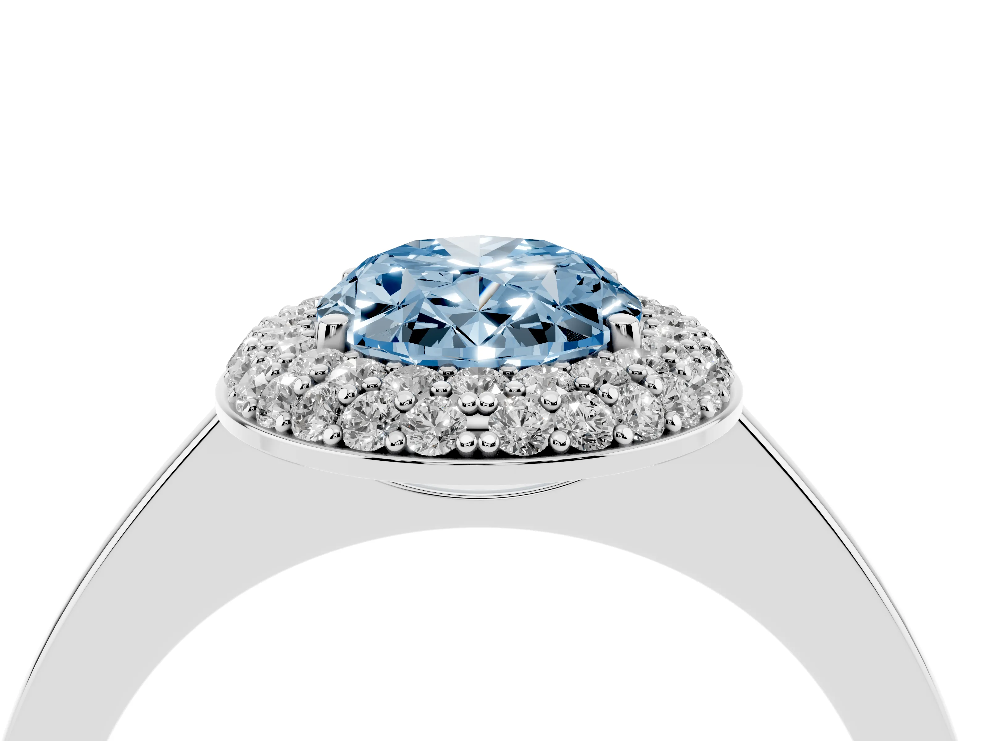 Fancy Blue Oval Cut Diamond Halo Engagement Ring Set in Silver with Solitaire Band and Prong Setting