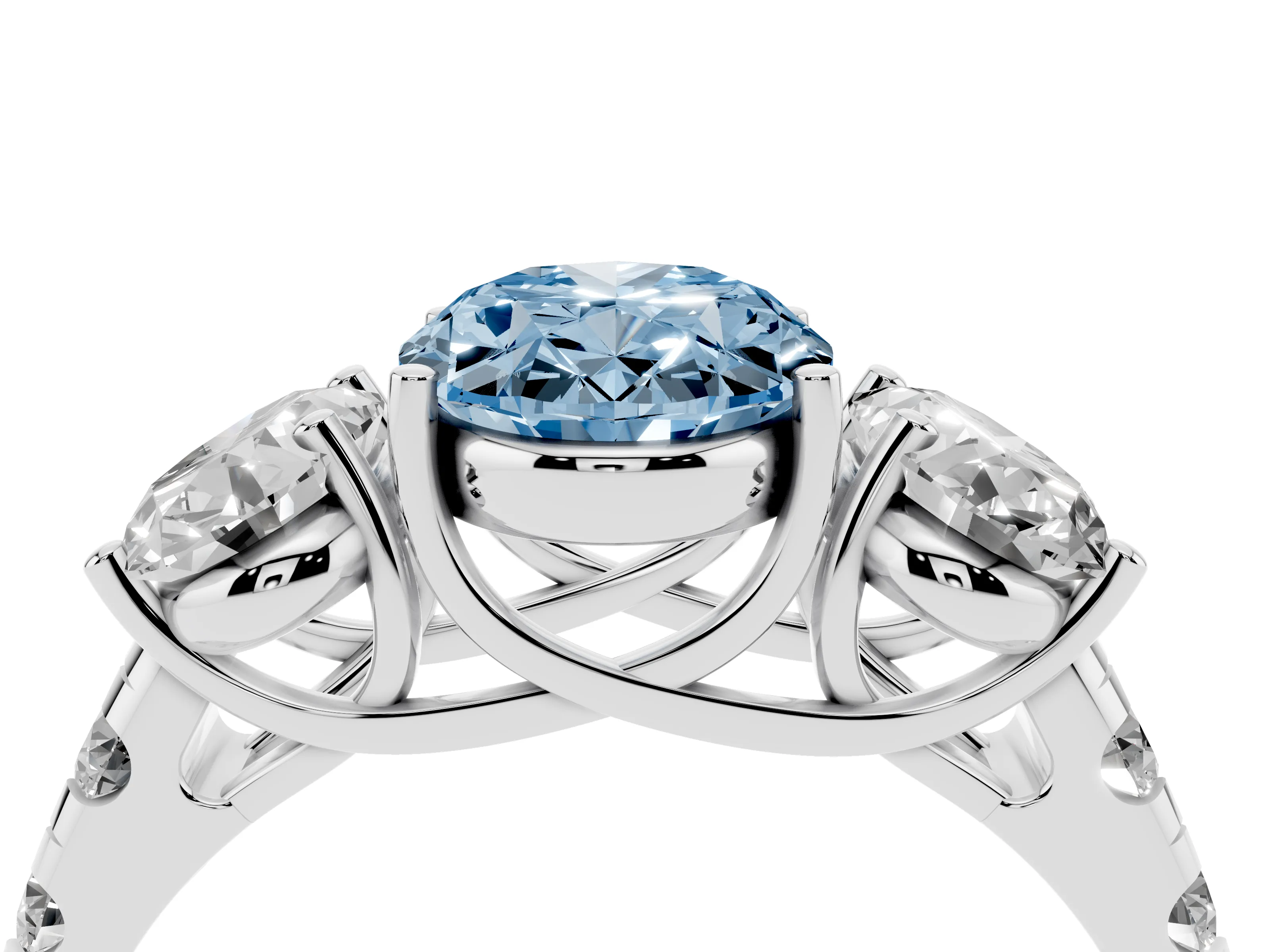 Fancy Blue Oval Cut Diamond Three-Stone Ring Set in Platinum with Pavé Band