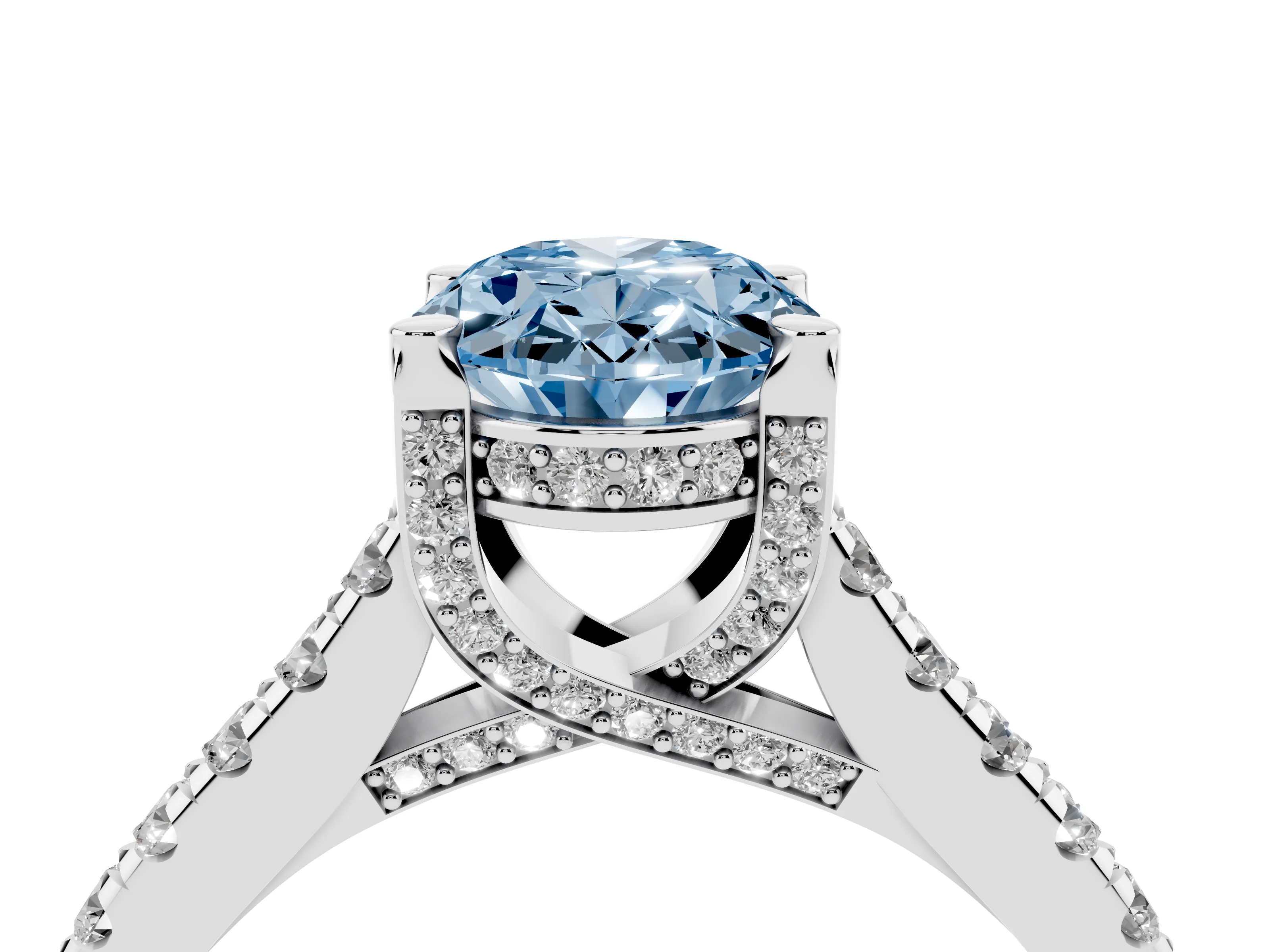 Fancy Blue Oval Cut Diamond Solitaire Ring Set in Silver with Brilliant Pavé Band and Prong Setting