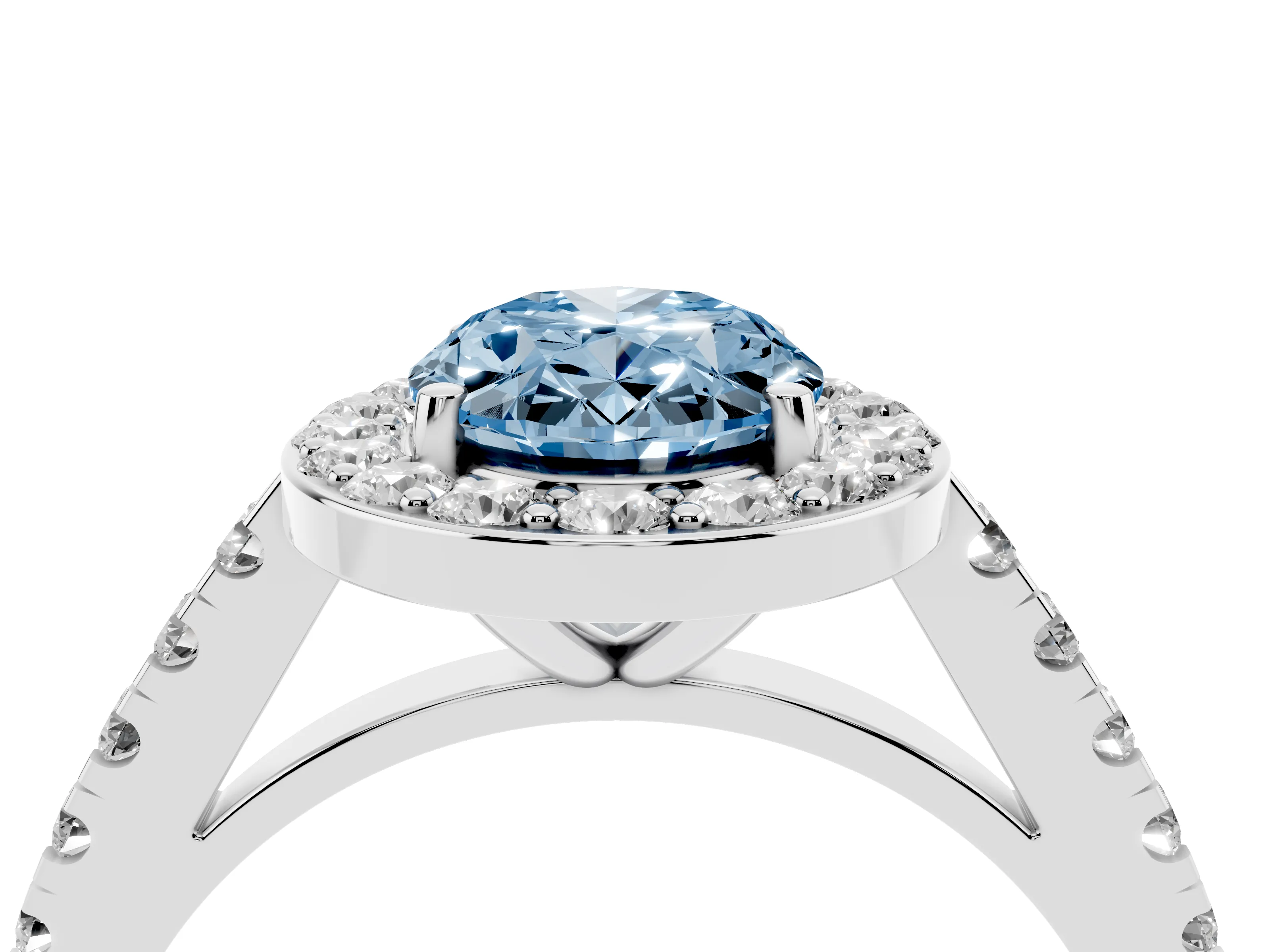 Fancy Blue Oval Cut Diamond Halo Ring Set in Silver with Round Pavé Split Shank and Prong Setting