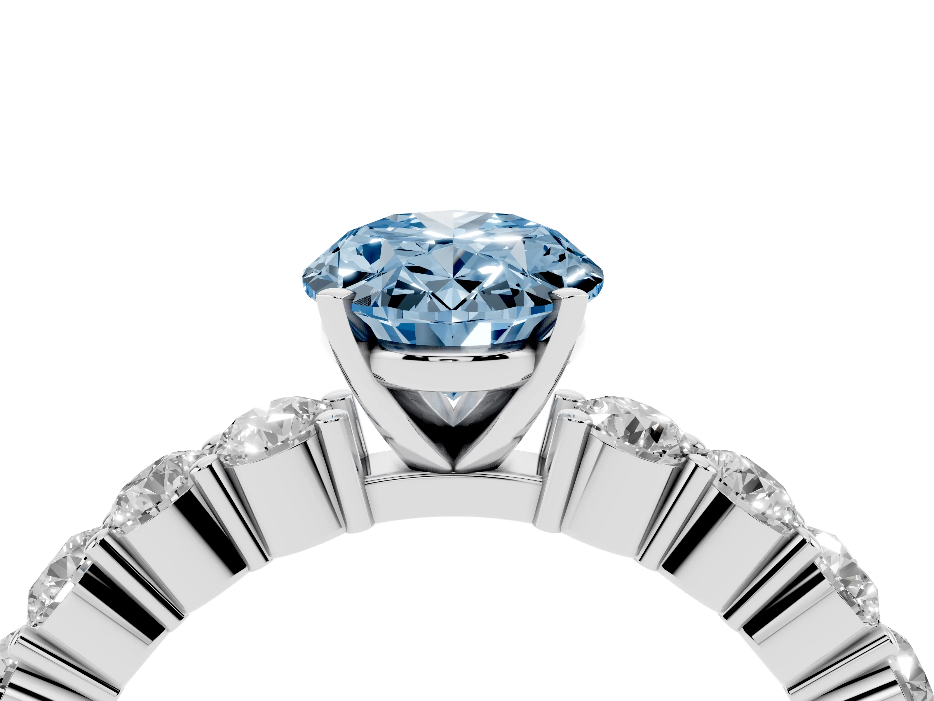 Fancy Blue Oval Cut Diamond Solitaire Ring Set in Platinum with Shared Prong Round Side Stones