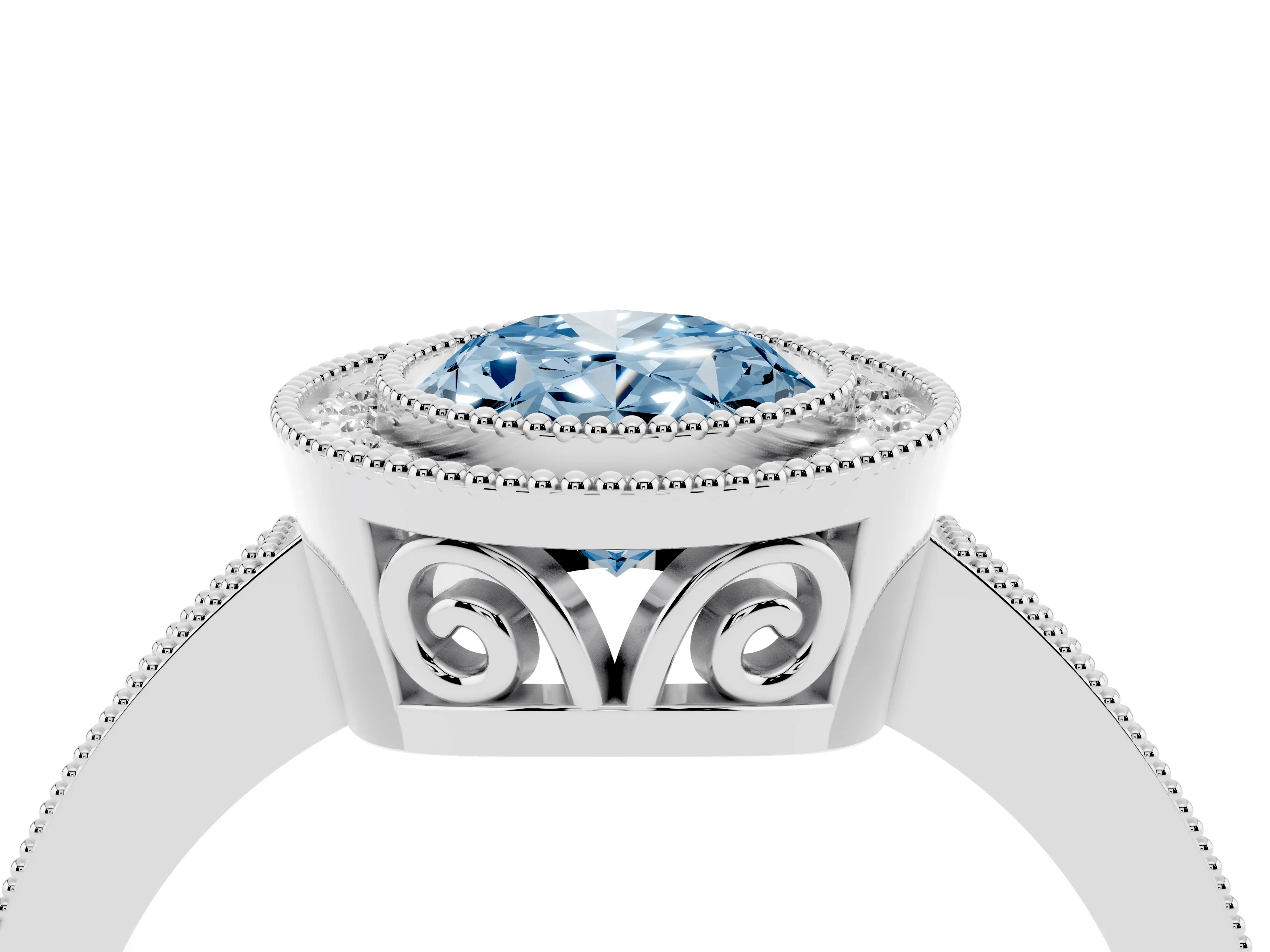 Fancy Blue Oval Cut Diamond Halo Ring Set in Platinum with Pavé Band and Milgrain-Edged Prongs