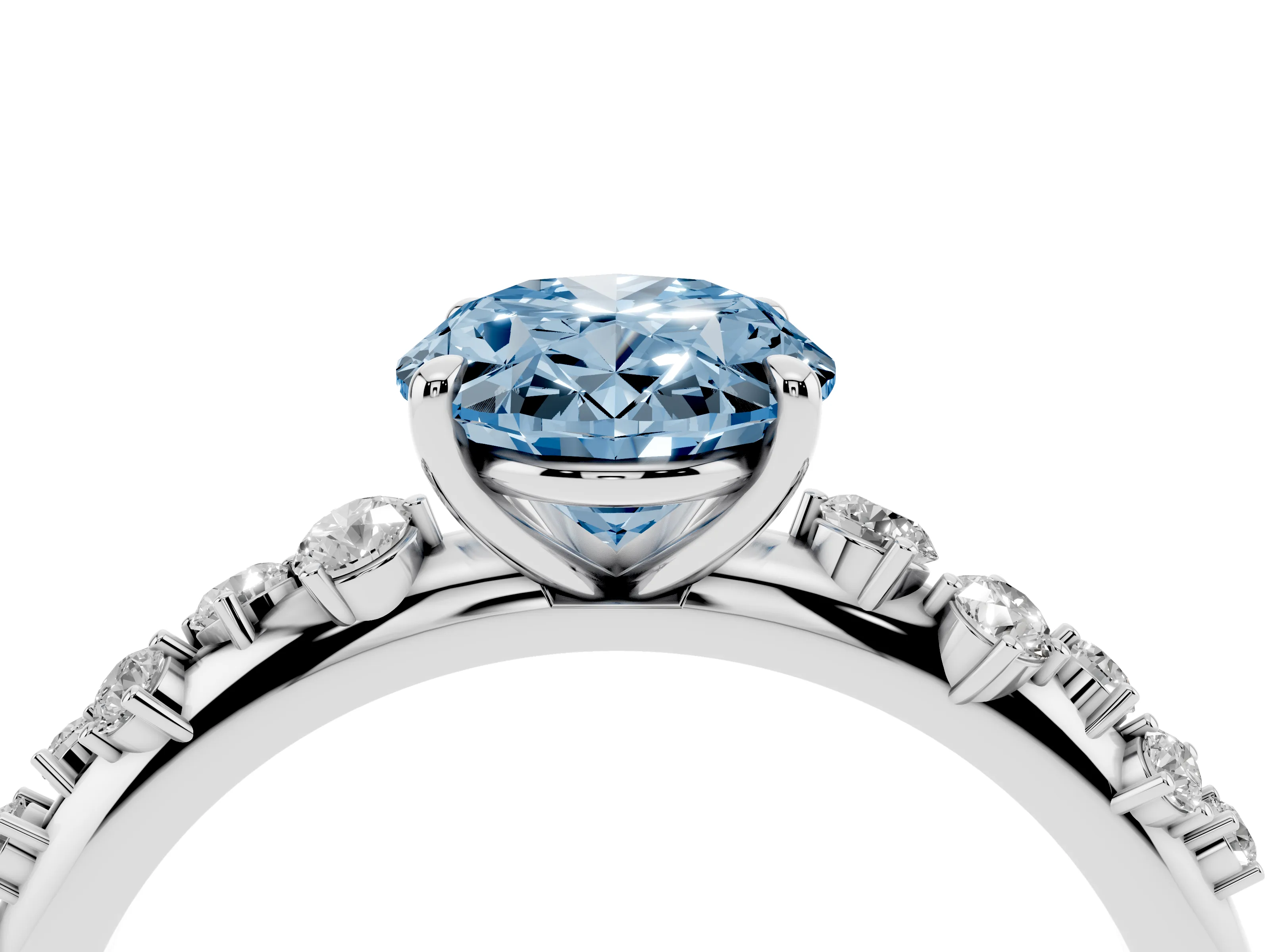Fancy Blue Oval Cut Diamond Cluster Solitaire Ring Set in Silver with Prong Setting
