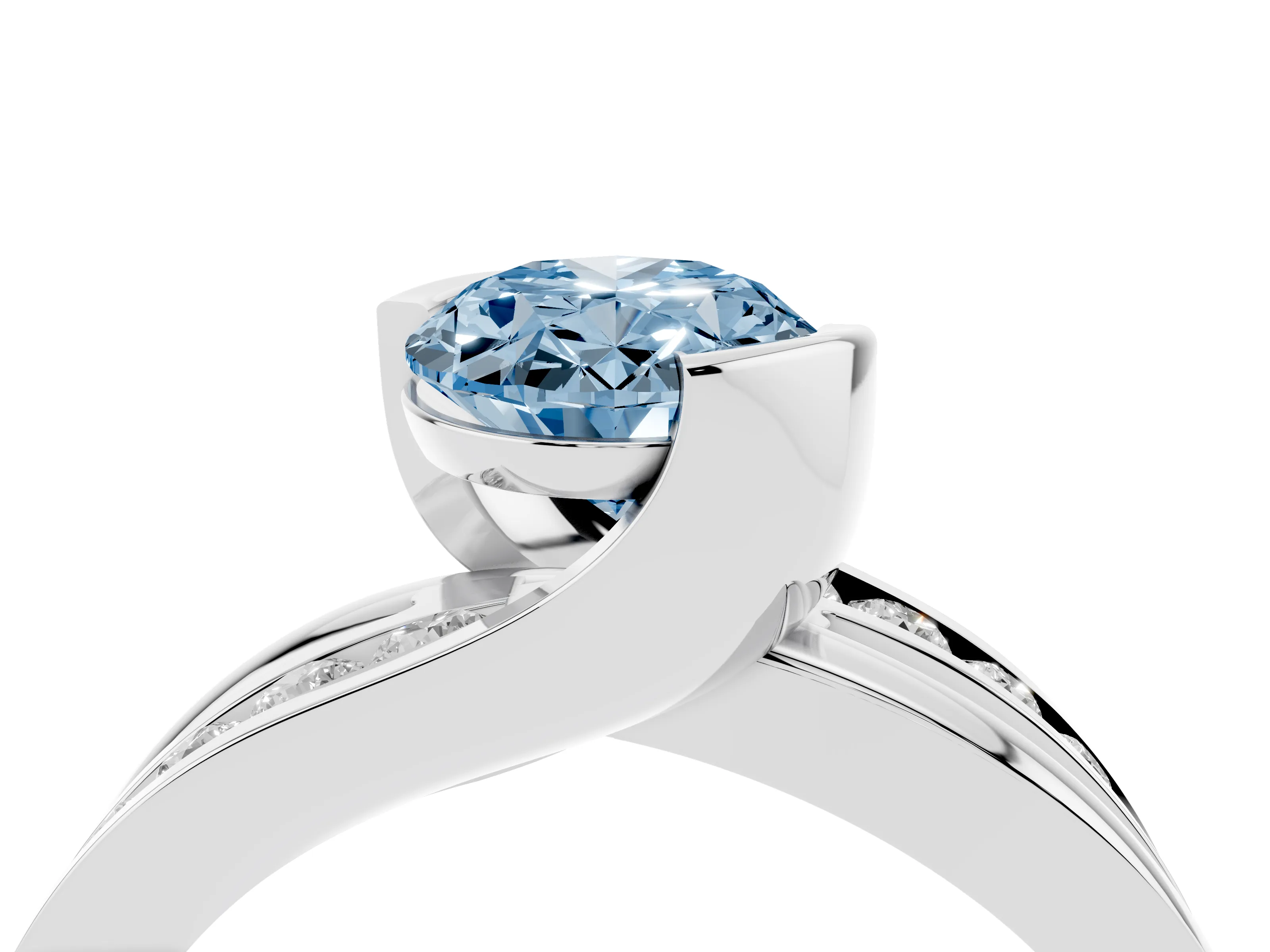 Fancy Blue Oval Cut Diamond Solitaire Ring Set in Silver with Channel Set Split Shank and Tension Prongs