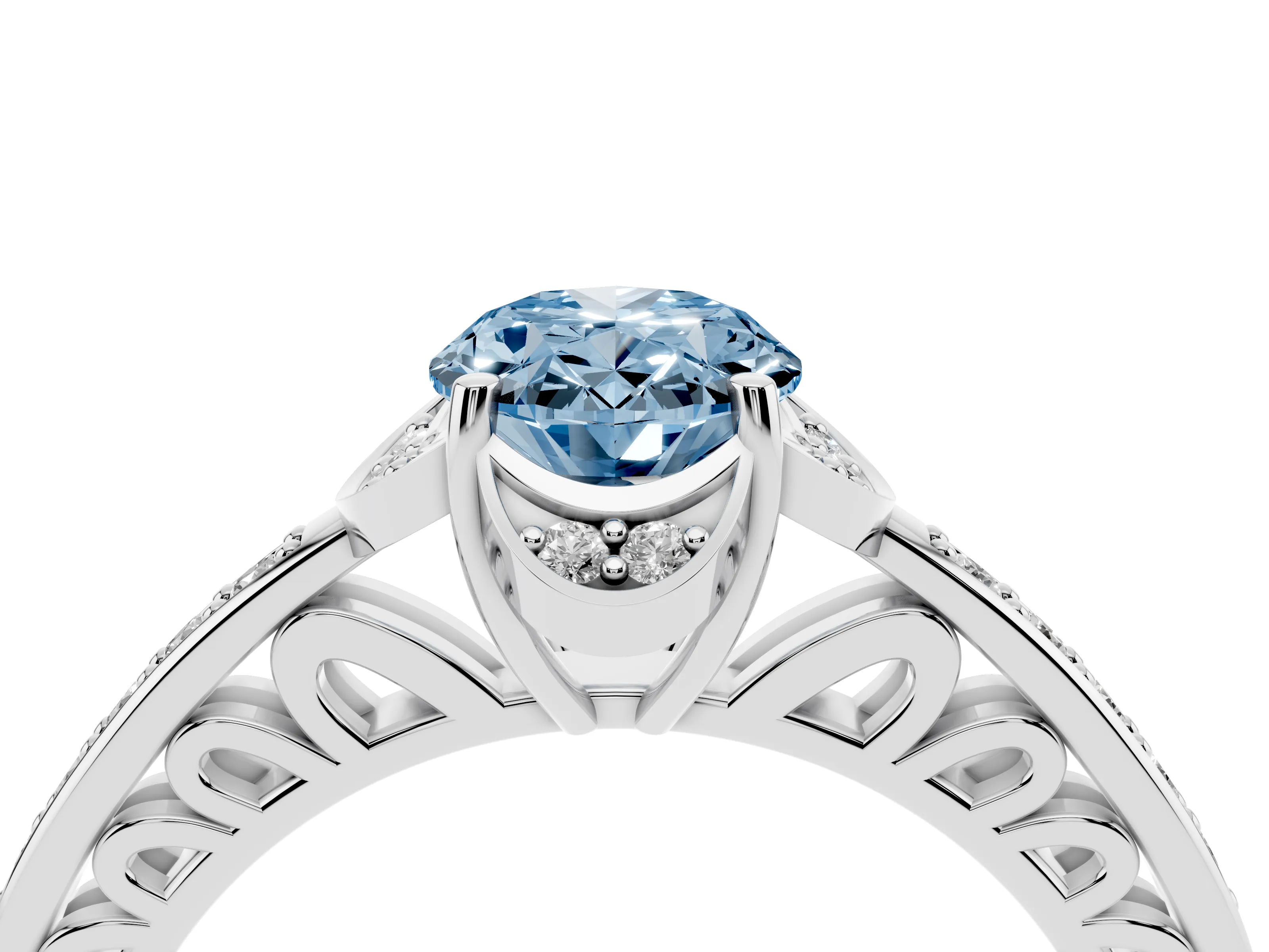 Fancy Blue Oval Cut Diamond Halo Ring Set in Silver with Channel Set Band and Prong Setting