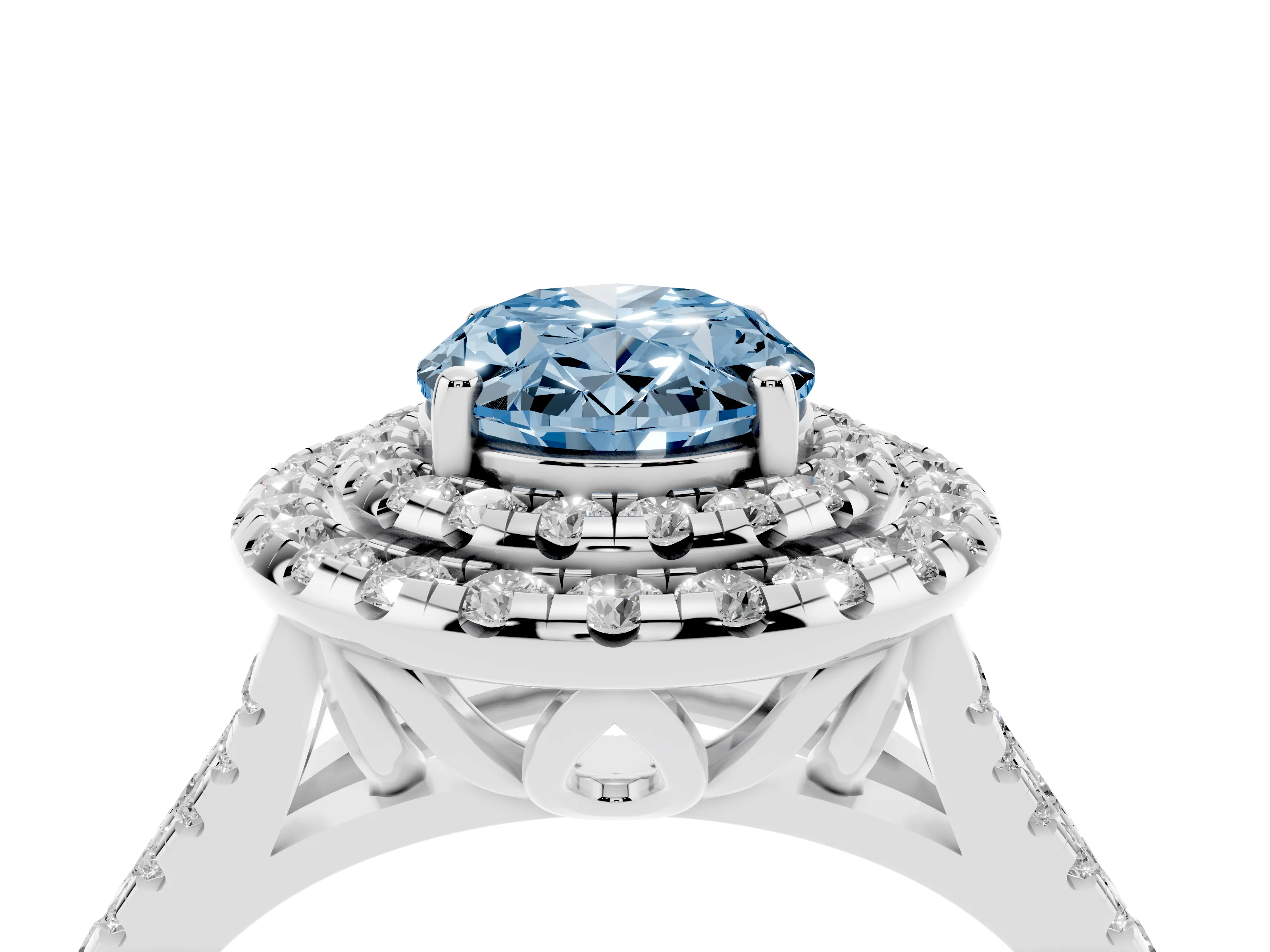Fancy Blue Oval Cut Diamond Double Halo Ring Set in Silver with Pavé Split Shank and Prong Setting