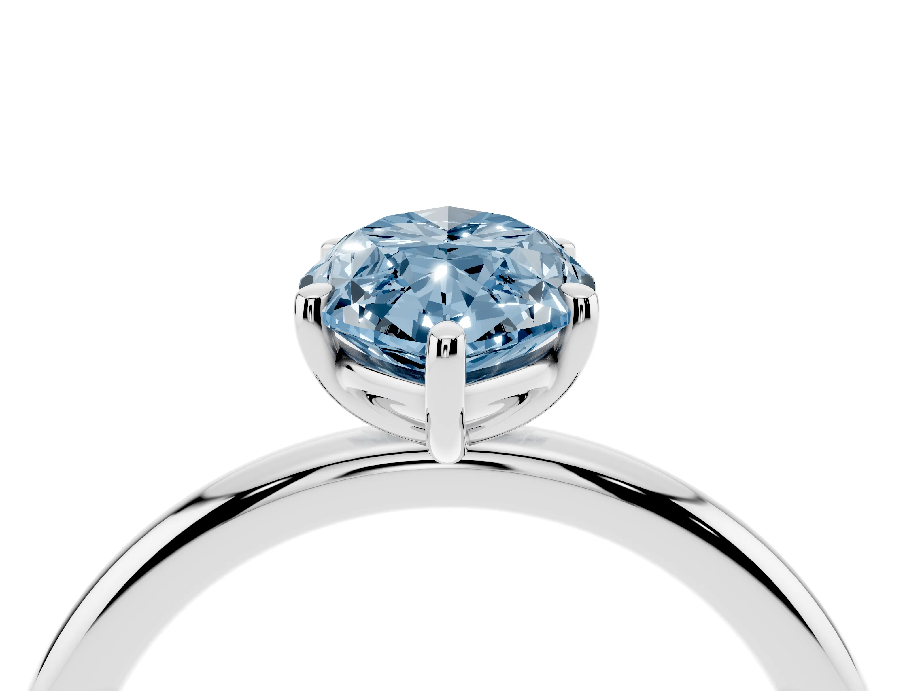 Fancy Blue Oval Cut Diamond Solitaire Ring Set in White gold with Prong Setting on a Polished Plain Band