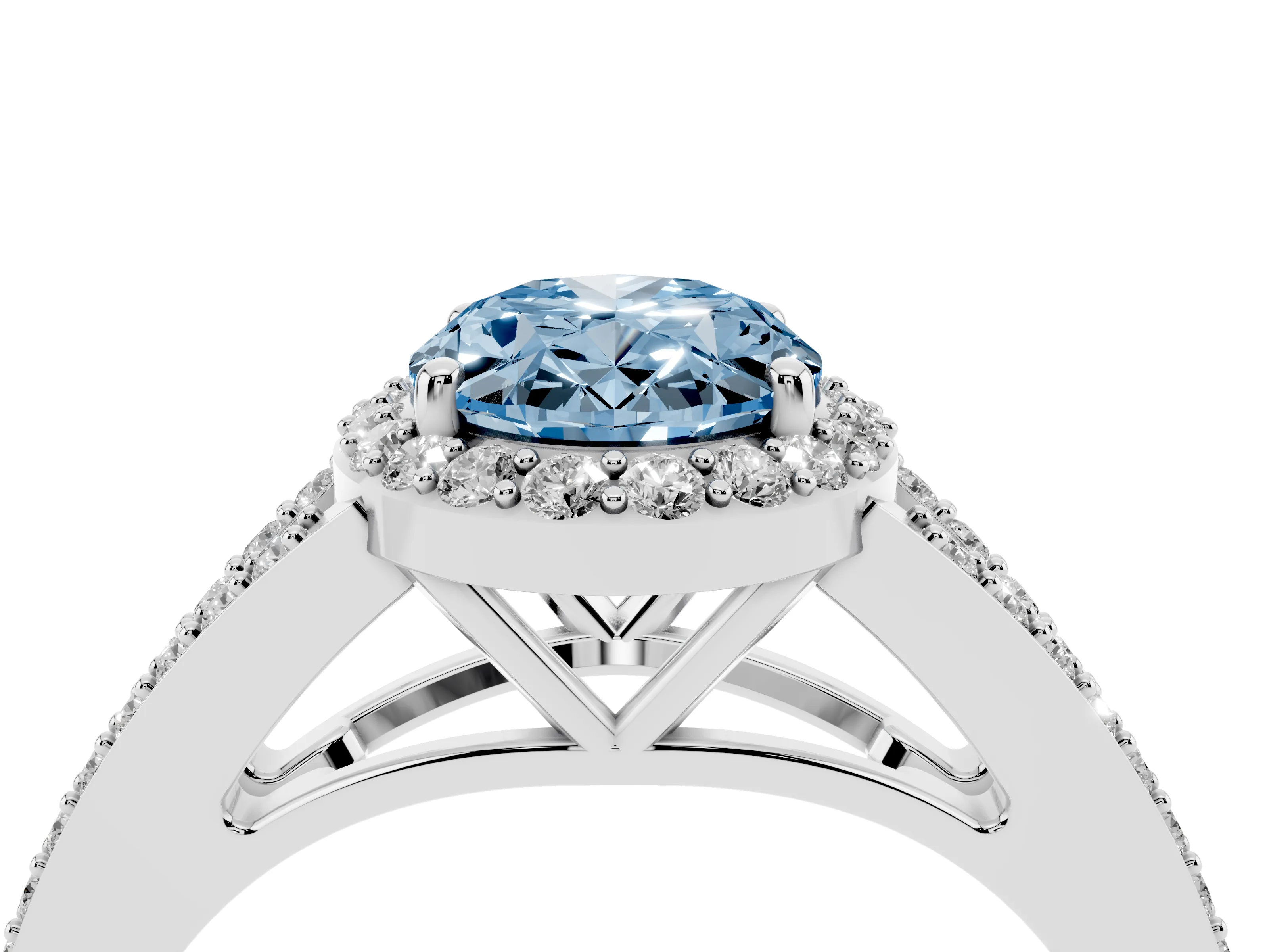 Fancy Blue Oval Cut Diamond Halo Split Shank Ring Set in White gold with Accent Stones and Prong Setting