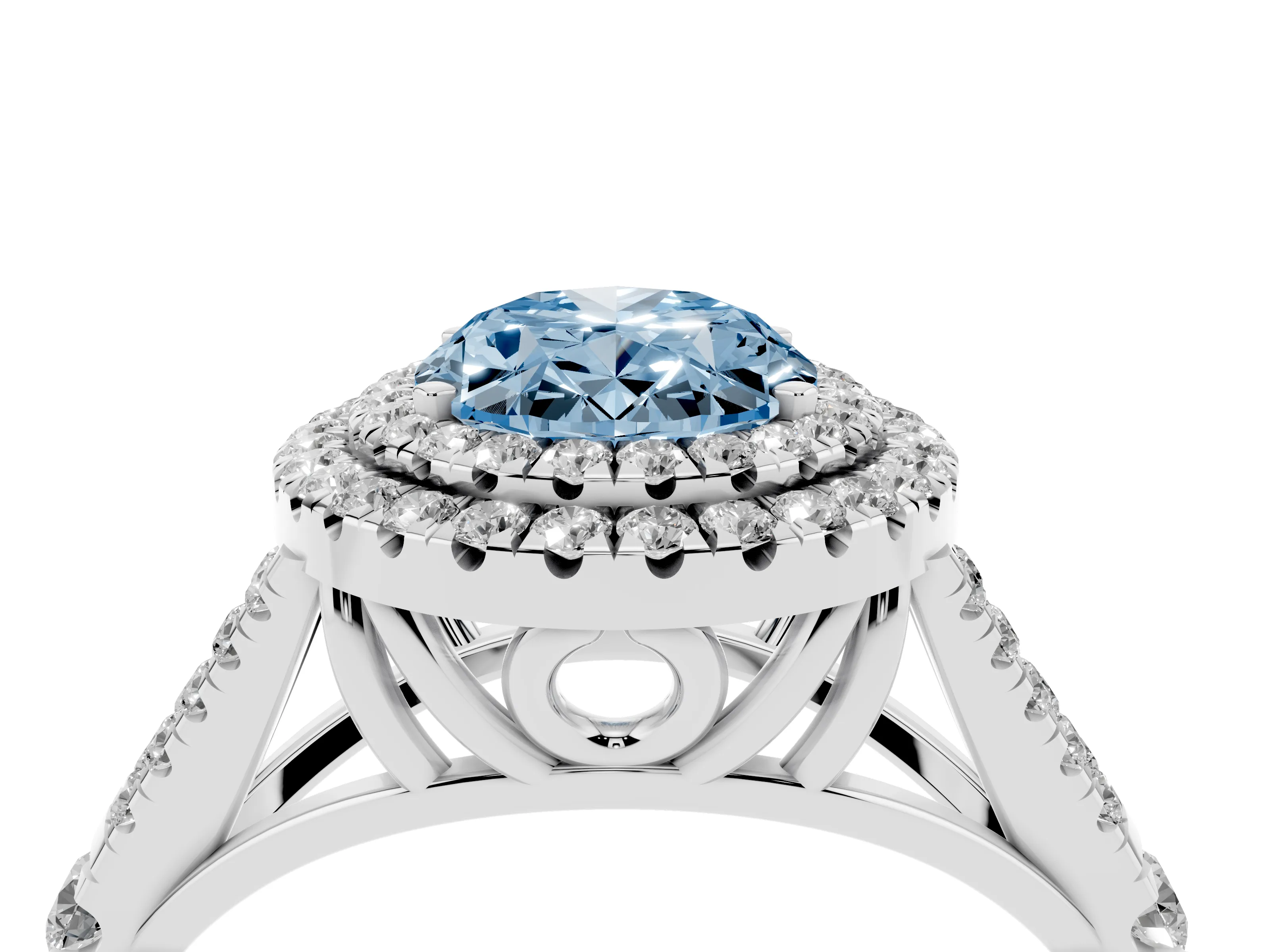 Fancy Blue Oval Cut Diamond Pavé Split Shank Double Halo Engagement Ring Set in Silver