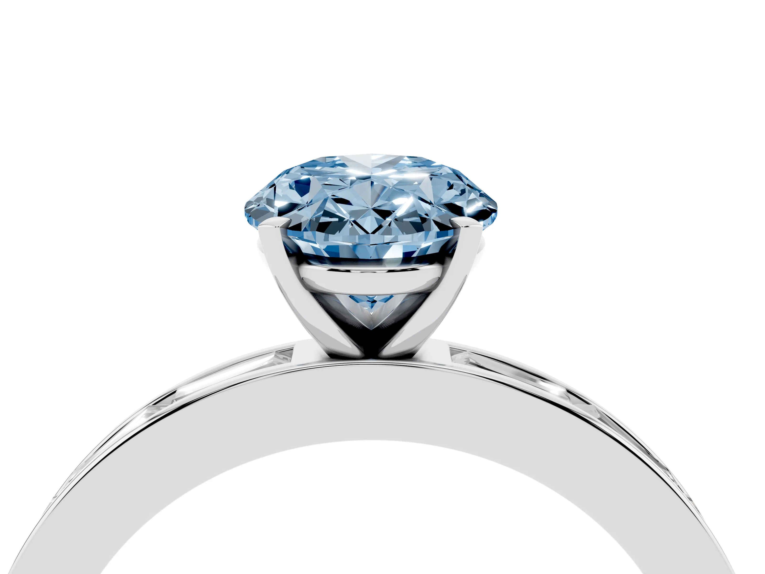 Fancy Blue Oval Cut Diamond Solitaire Ring Set in White gold with Channel-Set Baguette Band and Prong Setting