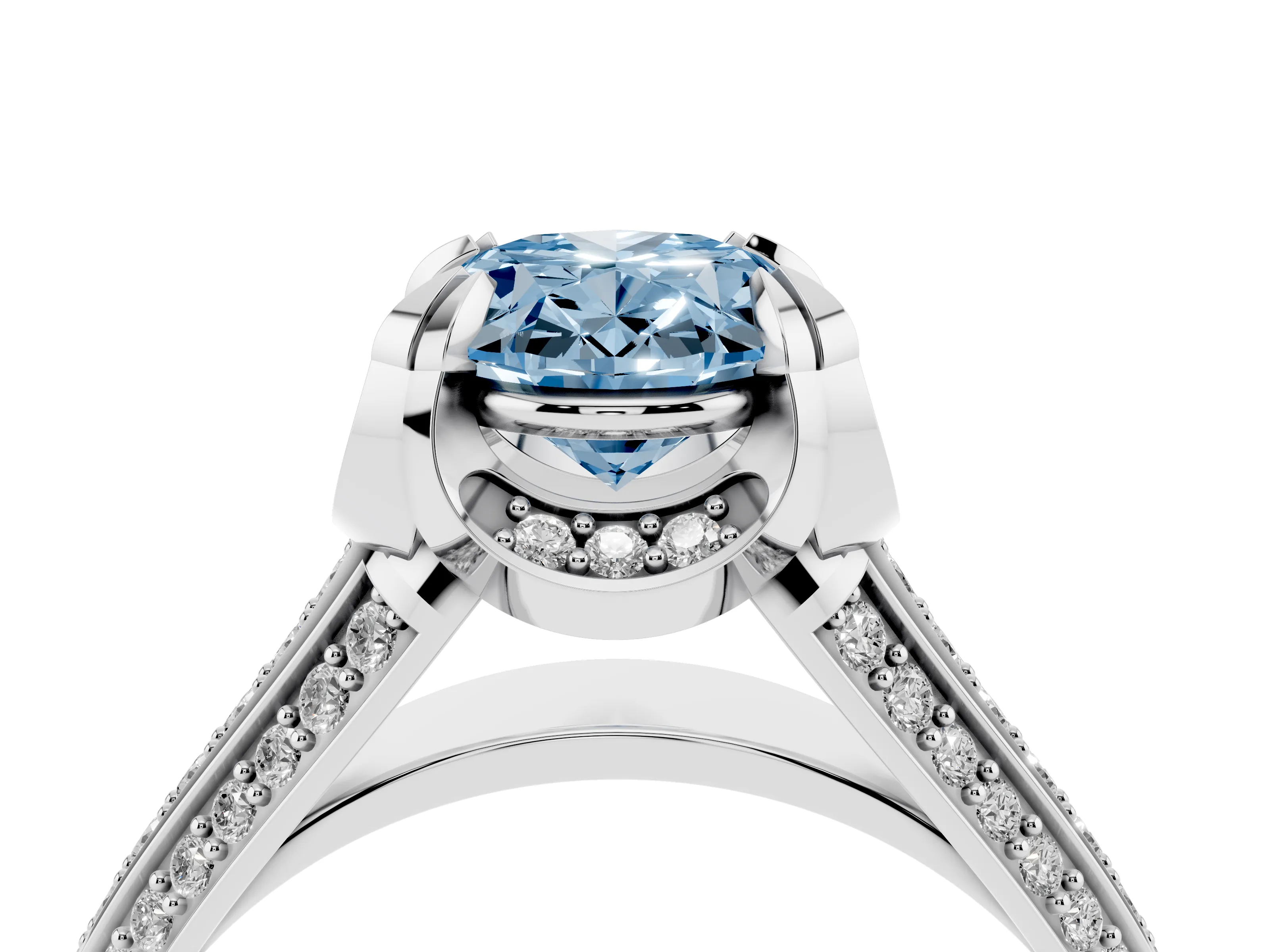 Fancy Blue Oval Cut Diamond Pavé Split Shank Solitaire Ring Set in White gold with Prong Setting
