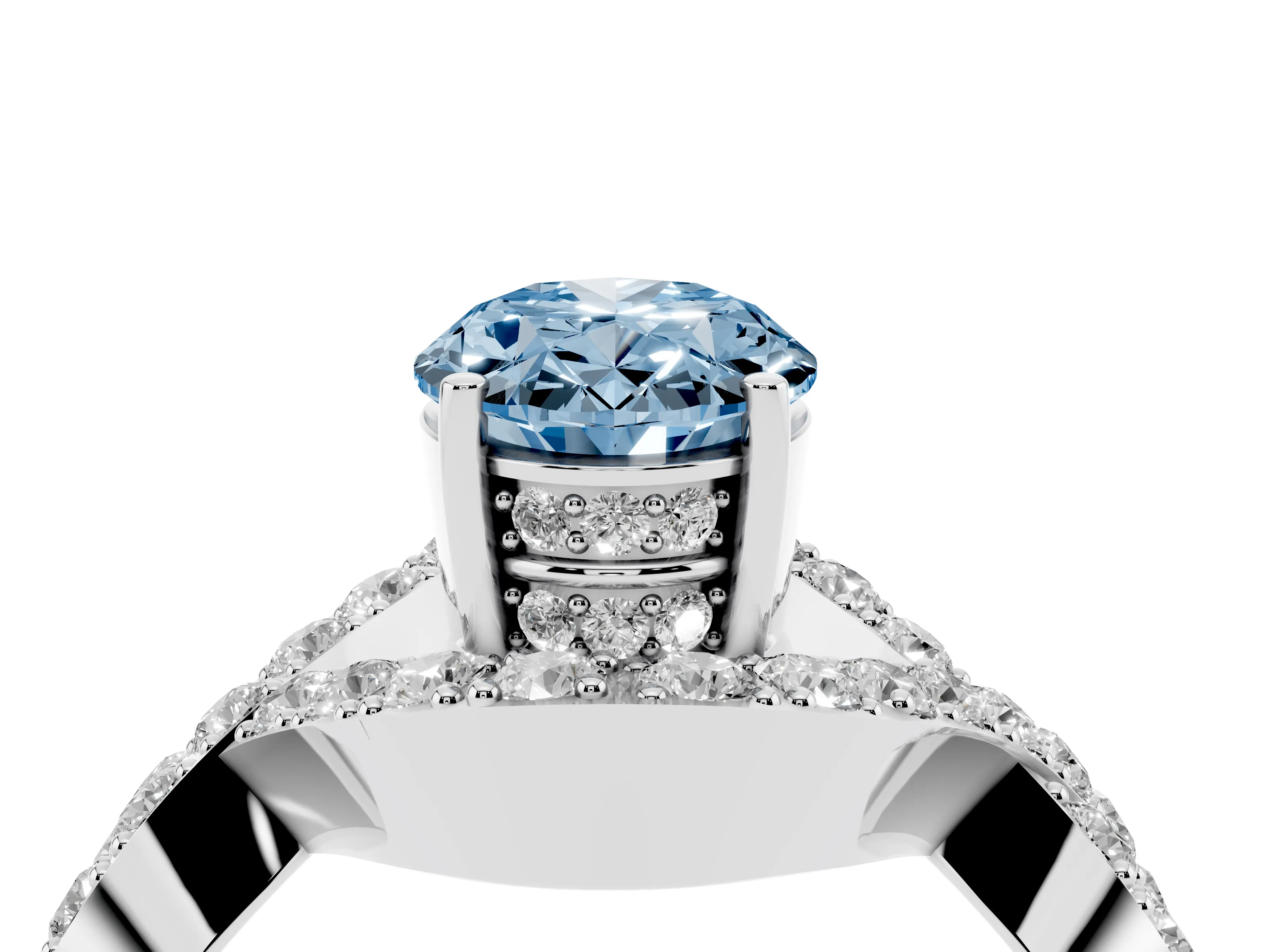 Fancy Blue Oval Cut Diamond Solitaire Twist Band Pavé Engagement Ring Set in Platinum